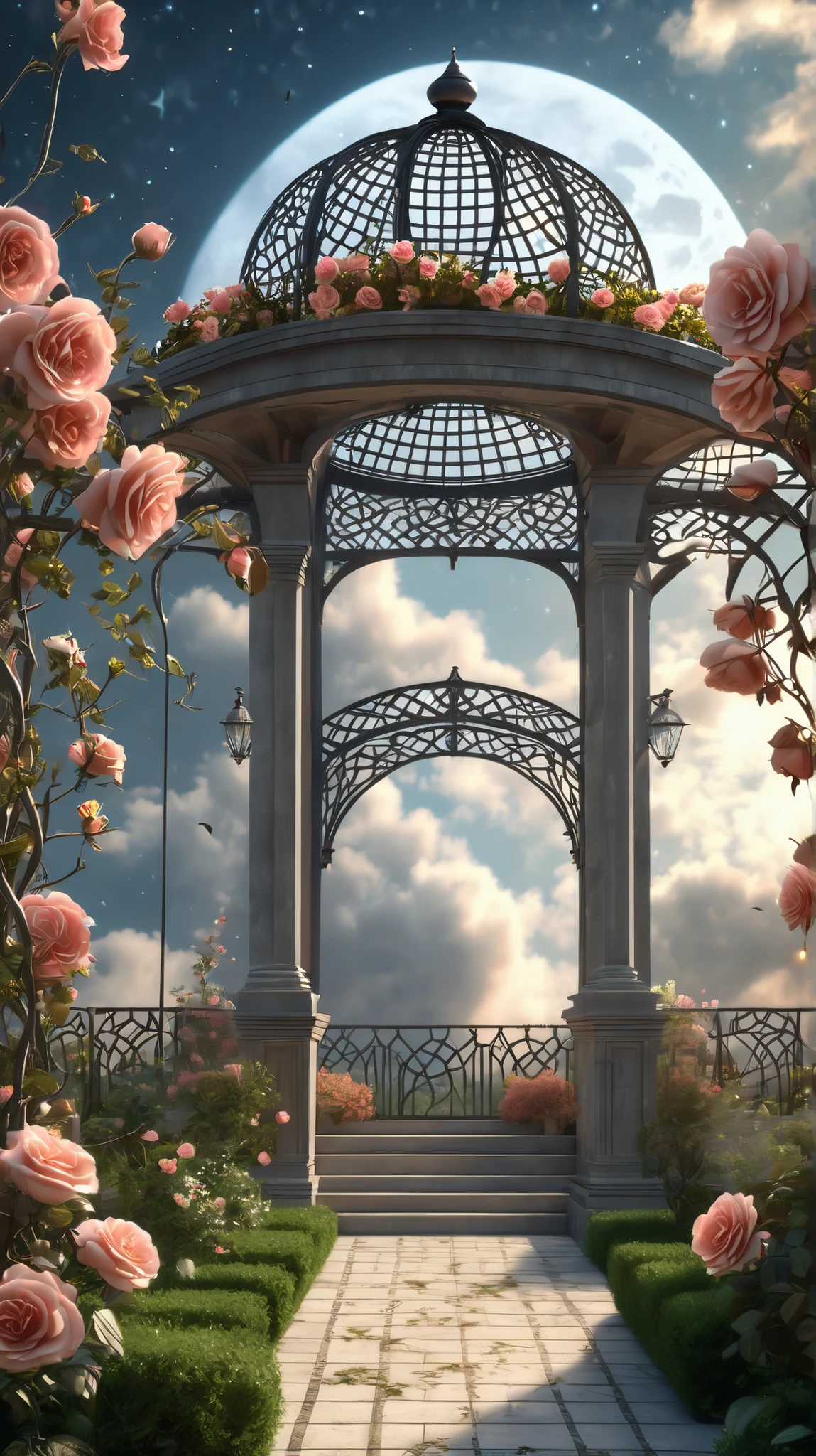 (illustration:1.3), (Secret Garden), , floral , Rose, (Botanical), Romanticism, Sulky, space, Star, nebula, beautiful clouds, Moon, Trellis , grids, garden, Gazebo, (realistic:1.5), (Good shading), Good architecture, Volumetric lighting, cinematic, Good architecture, (Highest Quality, masterpiece:1.5), (photorealistic:1.35),