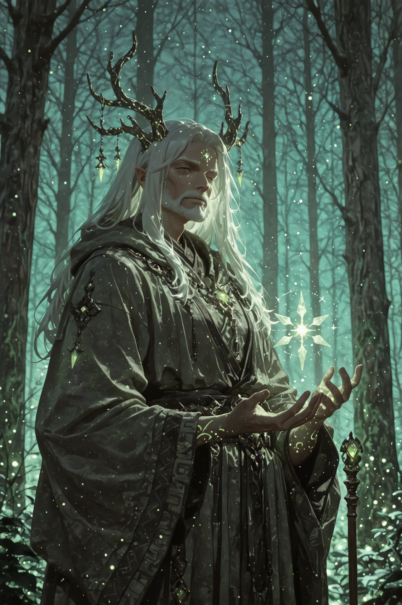 masterpiece, best quality, amazing quality, absurdres, newest, 1 man, old man,ancient elder, mystical forest guardian, humanoid spirit, moss-covered robe, glowing runes on skin, wooden staff with crystal core, long white hair flowing, wise and calm expression, ethereal atmosphere, soft green light, magical forest background, cinematic lighting, cinematic shadows, additional lighting, highly detailed fantasy Illustration, Glowing_Lights, glowing_light, glowing, glowing_effect, sparkling, particles, sparkle_effect, light_particles, glitter, glitter_effect, bokeh, pastel color, soft shading, ambient light, dreamy atmosphere, melancholy, subtle details, blurry background, no outline, sketchy lineart, cinematic lighting, watercolor style,light_bokeh, light_reflection,