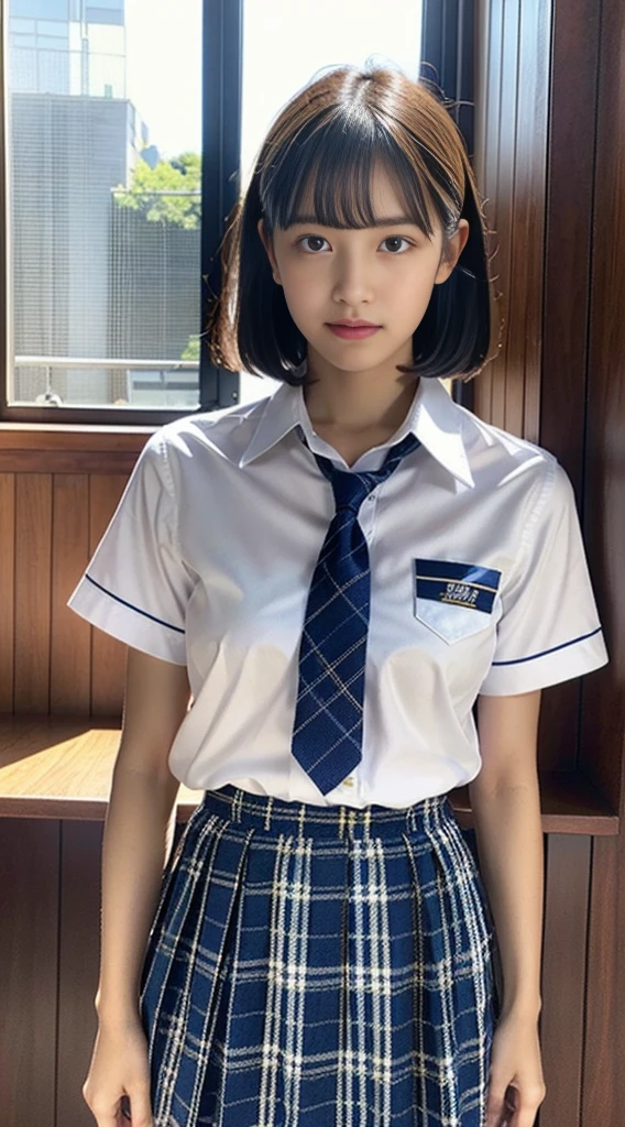 (a beautiful eurasian lady posing at Kamakura Kokomae Station, age 28, (((full bodyesbian))), ((Girls' High School Uniforms)), red pleated skirt, short_bob_hair_ponytail, dimples, friendly & kind smile, snaggle-tooth, realistic skin textures, healthy body proportion, hyper-realism, photorealistic, beautiful detailed eyes, high contrast, ultra HD, top image quality, fine details, very meticulously, masterpiece, the_cowboy_shot, bokeh background, morning dawn) #SLAMDUNK #スラムダンク