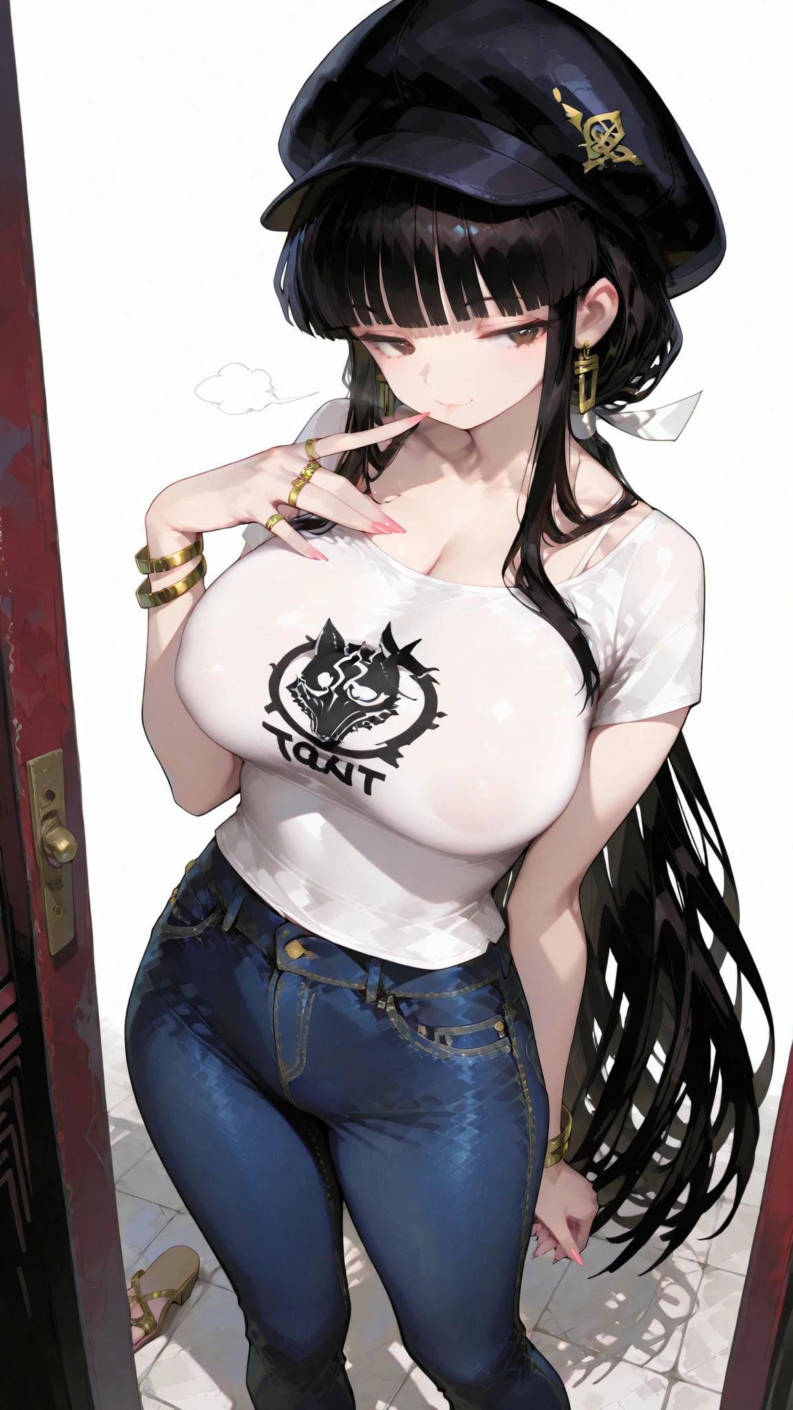 visiosomni,very long hair, blunt bangs, sidelocks, hime cut,,hair ribbon, long hair, blunt bangs, sidelocks, low ponytail,,kikyoinu, black hair, brown eyes,,杰出作品,轻微写实, 优质非凡, 非常美观, 超高分辨率, 高分辨率,动漫风格。Big boobs, Standing, spaghetti strap high heeled sandals, teasing, expressionless, bangs, perfect body, beautiful legs, gorgeous, haughty, seductive teasing cold, full of contempt, beautiful long nails, gold earrings, gold rings, gold bracelets, moles, beautiful legs, tomboyish, her, hats, caps, black vegan t-shirt, wide-legged jeans,