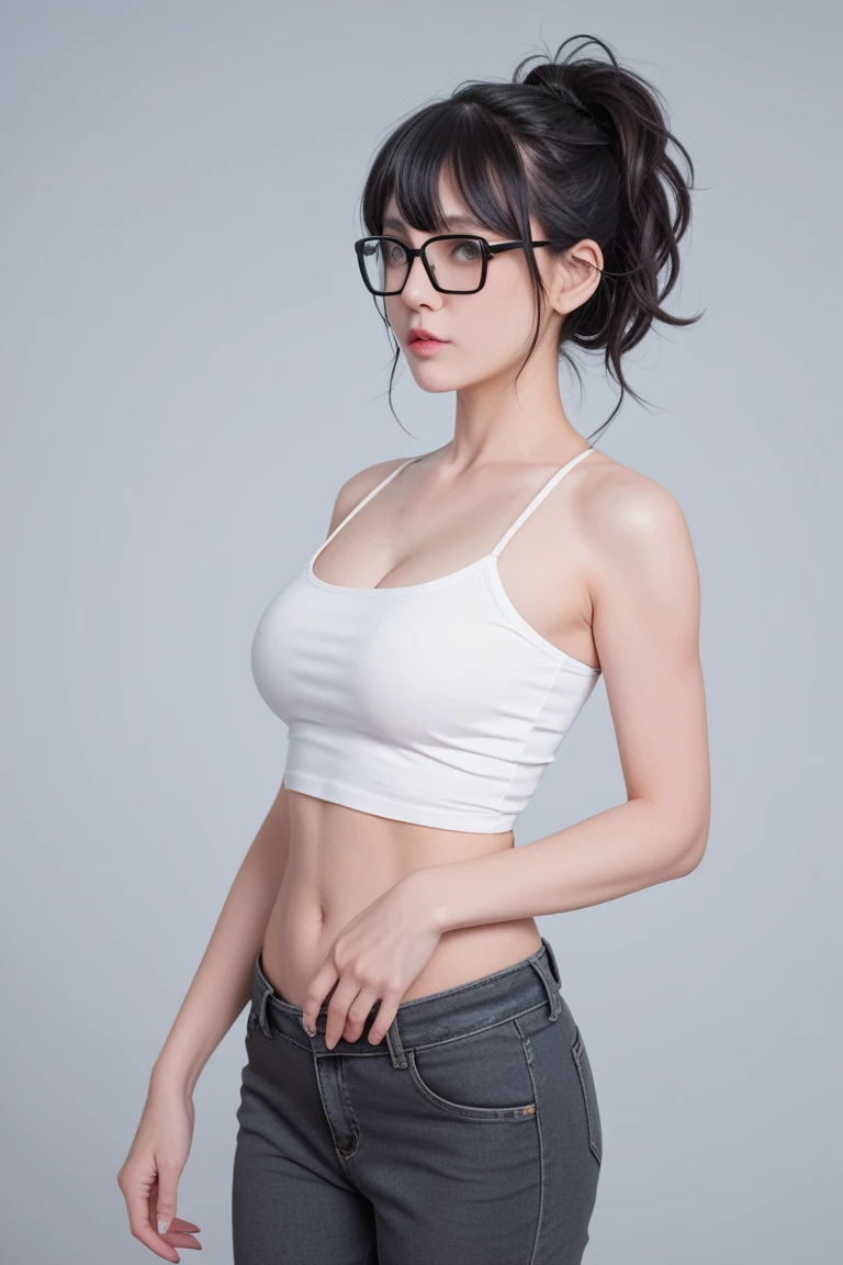 (Best quality, masterpiece, detailed), (RAW, 4k, hd images), 1 girl, 17 years old, white skin, long hair, ponytail, layers hair, bangs, black hair, beautiful girl, cute girl, sweet girl, pretty girl, perfect girl, perfect body, pretty eyes, blue eyes, thin lips, (eye line, lip soft), perfect round breast, glasses(detailed frame), simple background, smile, thigh, legs, random tanktop, short pants, full body, modeling pose, free style pose, sensual, hot, sexy, naked pose, random angle capture, cleavage