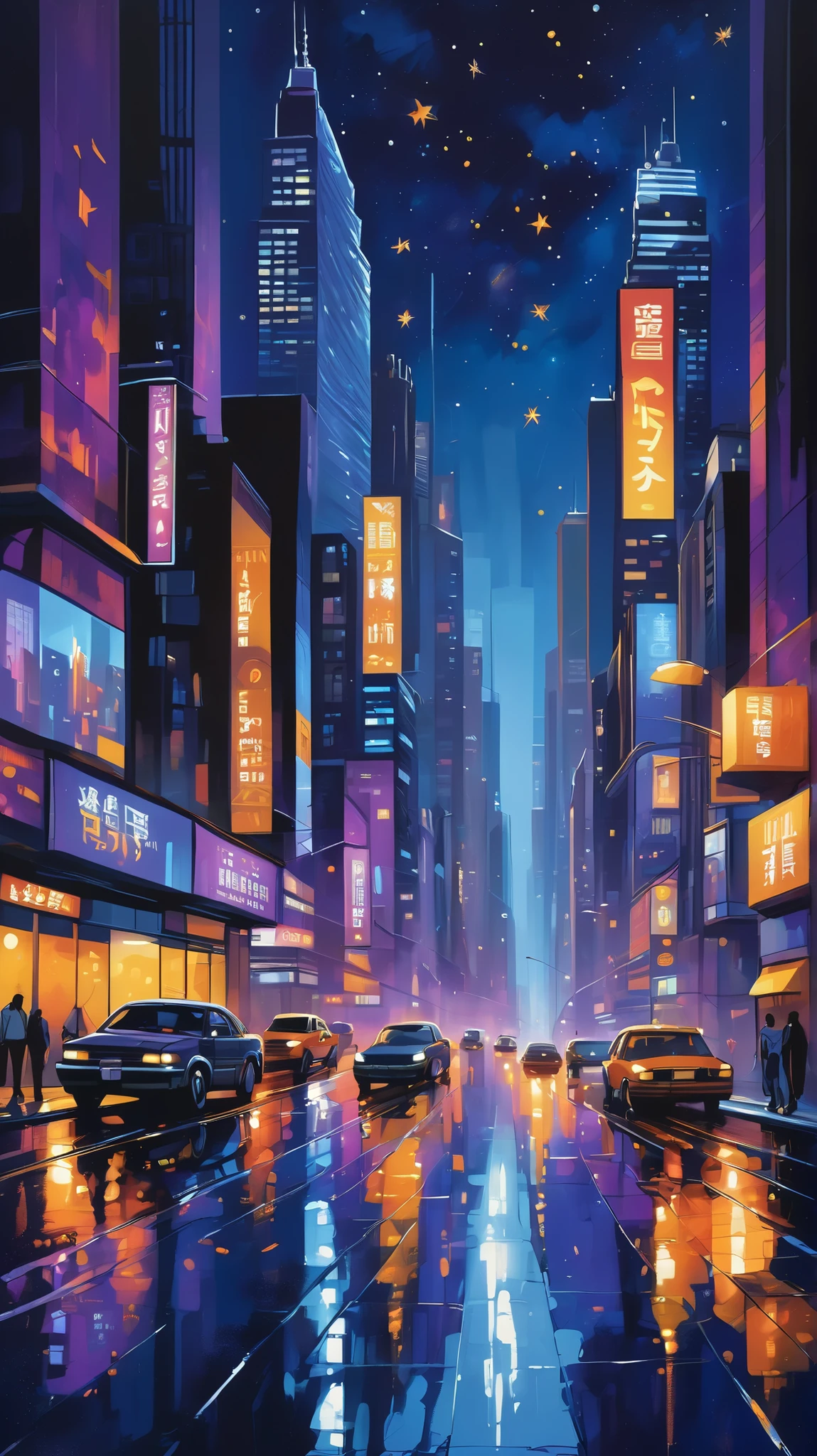 A vibrant night scene of a bustling urban cityscape, depicted in a dynamic freestyle style, with bold brushstrokes and textures, set against a dark blue to indigo gradient sky, where skyscrapers and buildings are ablaze with a kaleidoscope of colors, from warm golden hues to cool blues and purples, their reflections dancing across the wet pavement, as the city's energy pulsates with a mesmerizing rhythm, the only sound being the soft hum of neon lights and the distant thrum of traffic, with a sprinkle of stars peeking through the towering structures, and a sense of movement and life emanating from the city's every corner, capturing the essence of a thriving metropolis that never sleeps.