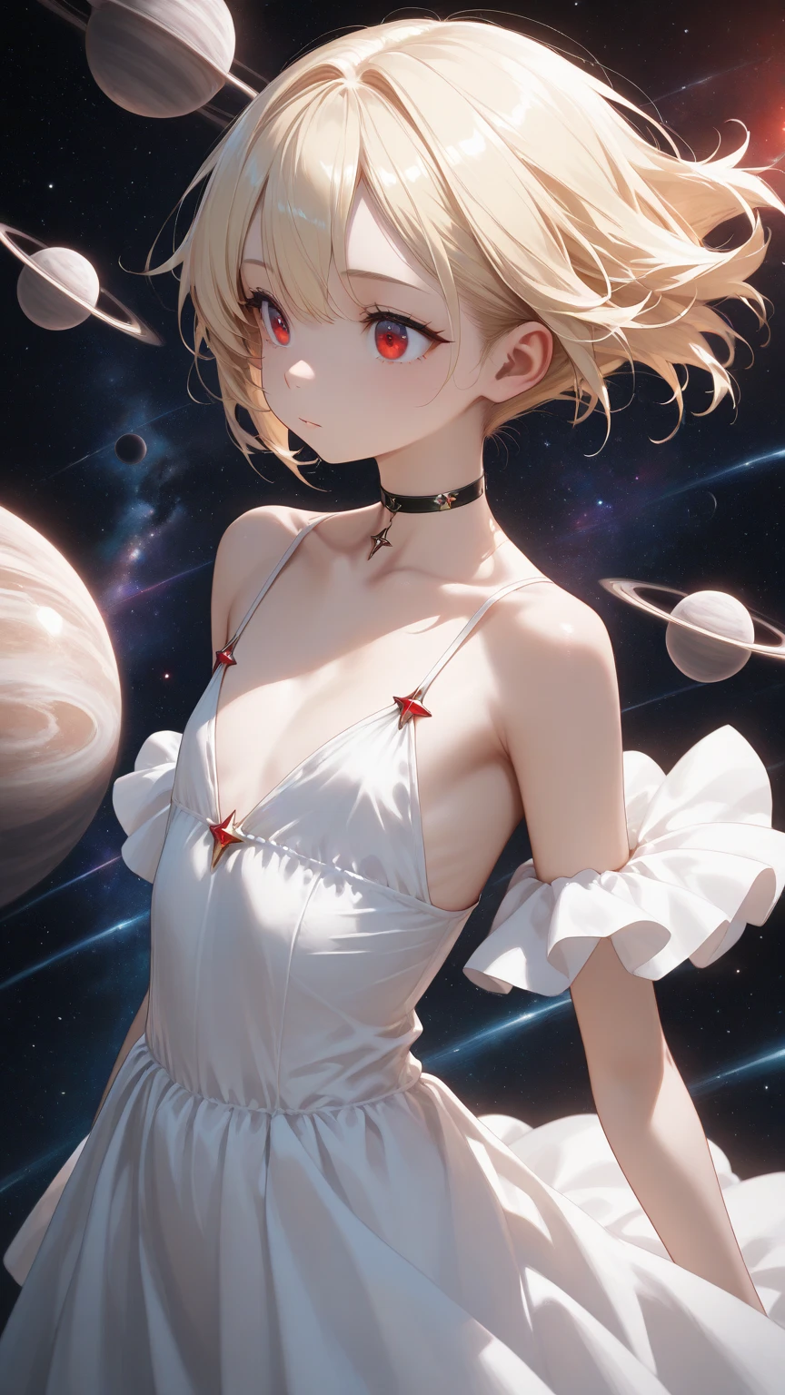 Absurd resolution, high resolution, (masterpiece: 1.4), super detailed, girl alone, from above, space, floating, blonde, petite, short hair