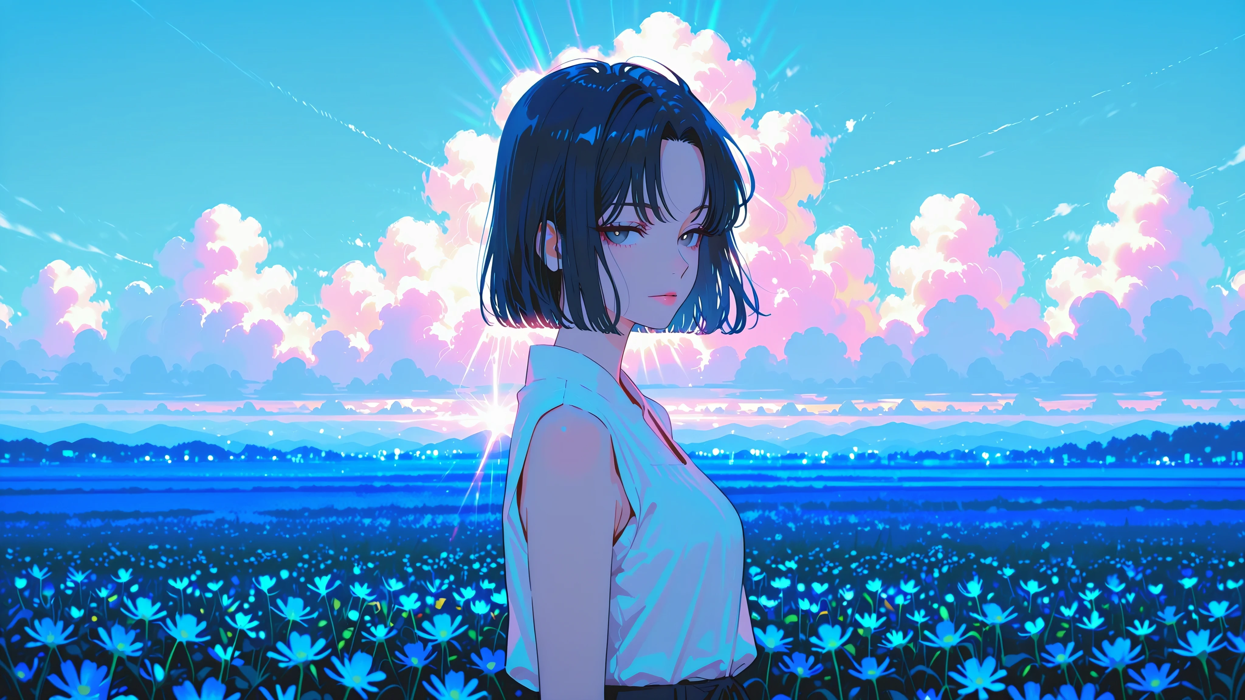(anime-style:1.3), (bright blue sky:1.2), (inspired by Makoto Shinkai:1.2), Best Quality, amazing quality, highly detailed, beautiful sunny day, summer sky background, vast sky taking up most of the scene, fluffy white clouds, expansive meadow beneath, cinematic composition, sweeping background view, detailed clouds and sunlight rays, soft color palette, vibrant blue and green contrast, small girl walking under the vast sky, si yeon, short hair, black hair, parted bangs, black eyes, grey eyes, pink lips, wearing a sleeveless top, casual and elegant style, subtle breeze, soft lighting, distant full-body view, calm pose, walking with hands down, minimal accessories, small figure compared to the background, peaceful atmosphere, painterly anime landscape, (1 girl:1.5), (tranquil mood:1.5)