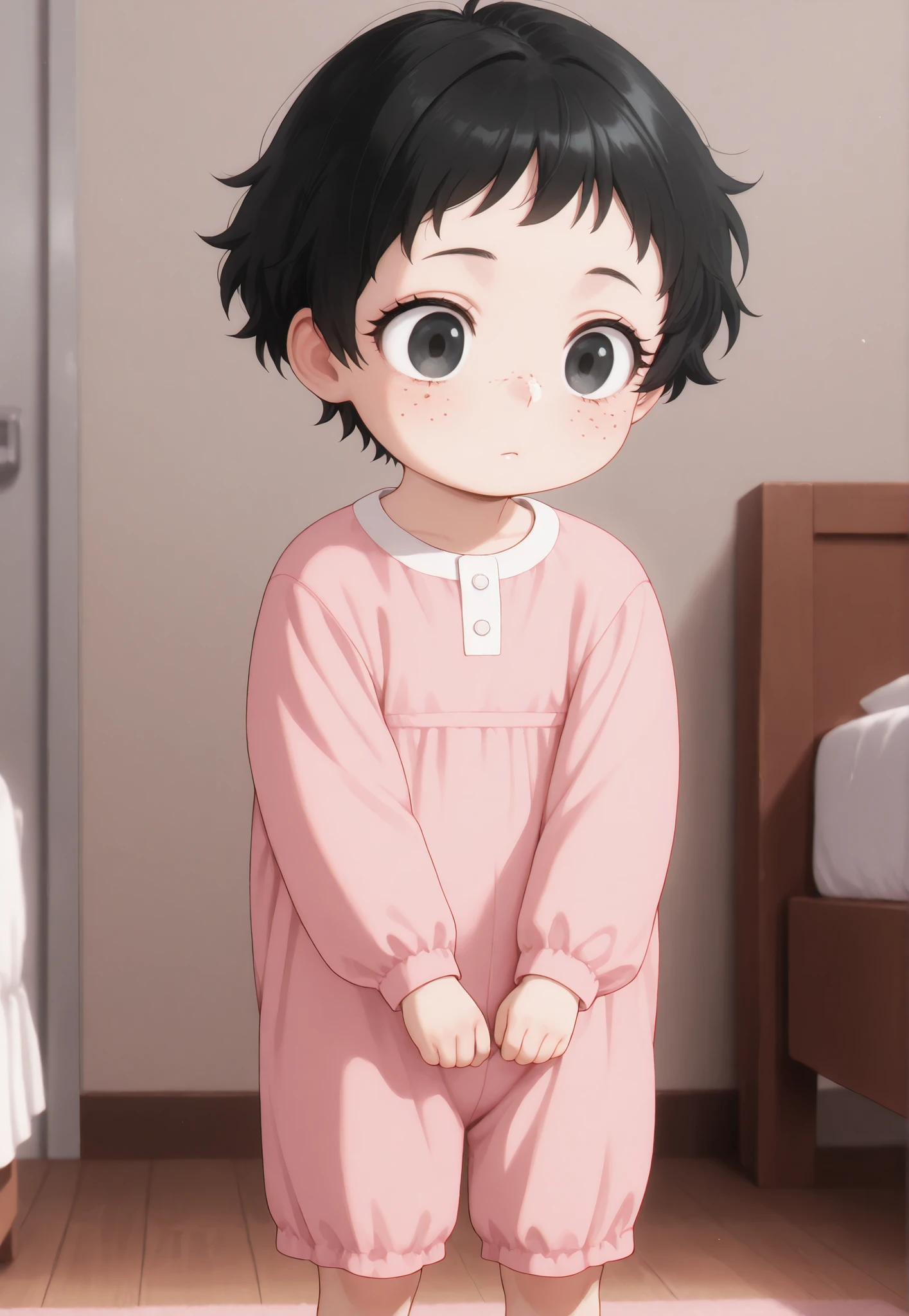 masterpiece, best quality, newest, safe, good anatomy, good resolution, Good Lighting. beautiful, anime, . Little girl, Black Hair and Short Hair. black. black eyelashes, piel clara, freckles on cheeks. Adorable 6-8 month old baby. watching the spectator, Alone, bottom: bedroom. Natural and safe poses. wearing clothes: Soft cotton jumpsuit in pastel colors.