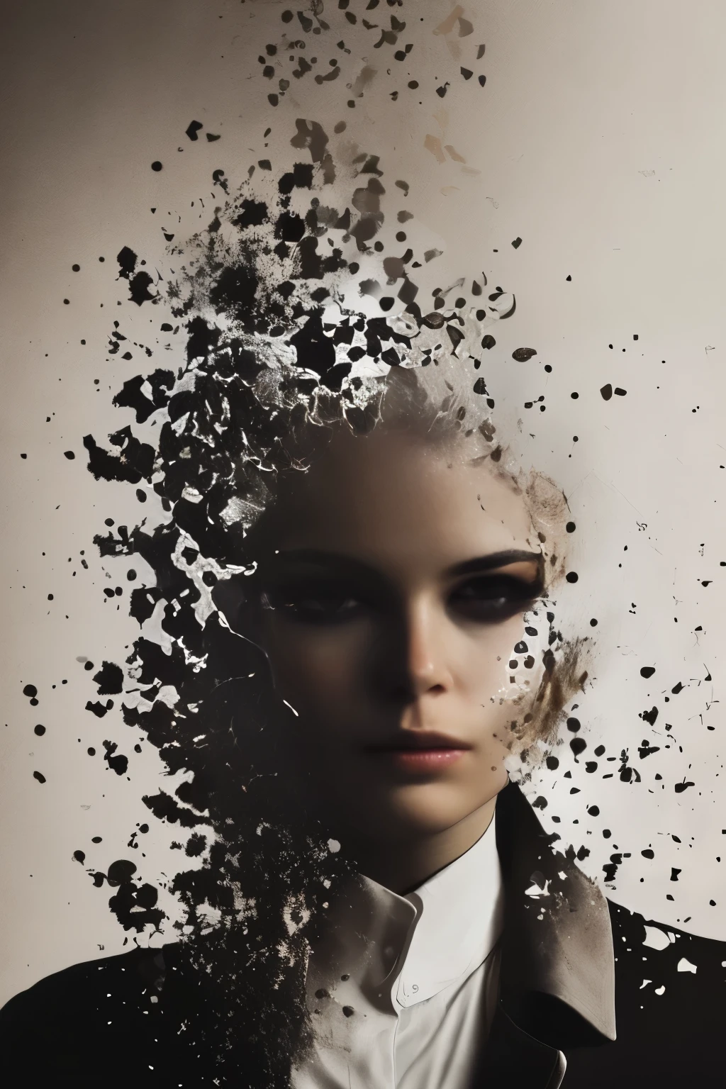 (decef:1.15), smoke fragments, woman, coat, dark simple background, (looking at viewer, portrait view),
<lora:decef-000007:1.0>