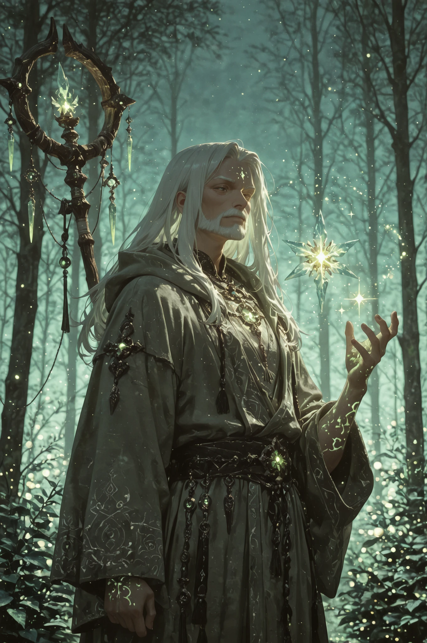 masterpiece, best quality, amazing quality, absurdres, newest, 1 man, old man,ancient elder, mystical forest guardian, humanoid spirit, moss-covered robe, glowing runes on skin, wooden staff with crystal core, long white hair flowing, wise and calm expression, ethereal atmosphere, soft green light, magical forest background, cinematic lighting, cinematic shadows, additional lighting, highly detailed fantasy Illustration, Glowing_Lights, glowing_light, glowing, glowing_effect, sparkling, particles, sparkle_effect, light_particles, glitter, glitter_effect, bokeh, pastel color, soft shading, ambient light, dreamy atmosphere, melancholy, subtle details, blurry background, no outline, sketchy lineart, cinematic lighting, watercolor style,light_bokeh, light_reflection,
