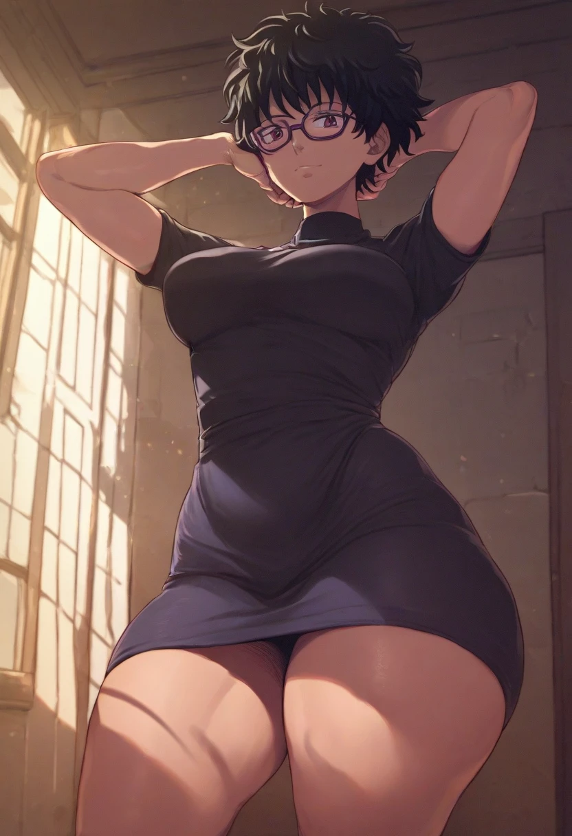 woman，Black Hair、short hair、Bobcut、Big eyebrows、成熟したwoman、Big Lips、Visible nipples、Large Breasts、L Cup Breast、Crying face、Watery eye、刑務所に排尿するwoman、Black maxi dress、Squat positions、Spread your legs、Sweat、barefoot、Front of body、In the cage、Round Glasses、Chained hands、Exposed armpits、Hairy armpits、Armpit hair、Urine spilling from the crotch