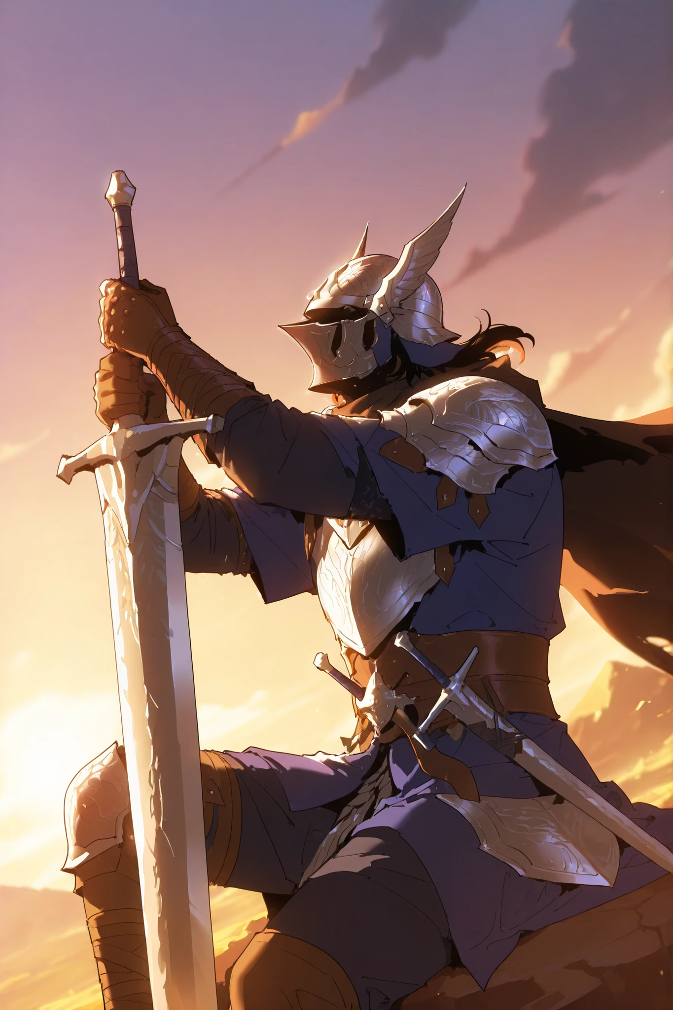 single, male, wylder (nightreign), wld, winged helmet, helm, pauldrons, shoulder armor, armor, full armor, cape, gauntlets, brown belt, greatsword, sitting while holding his sword, simple pose, dutch angle, detailed background , upperbody only, upperbody only