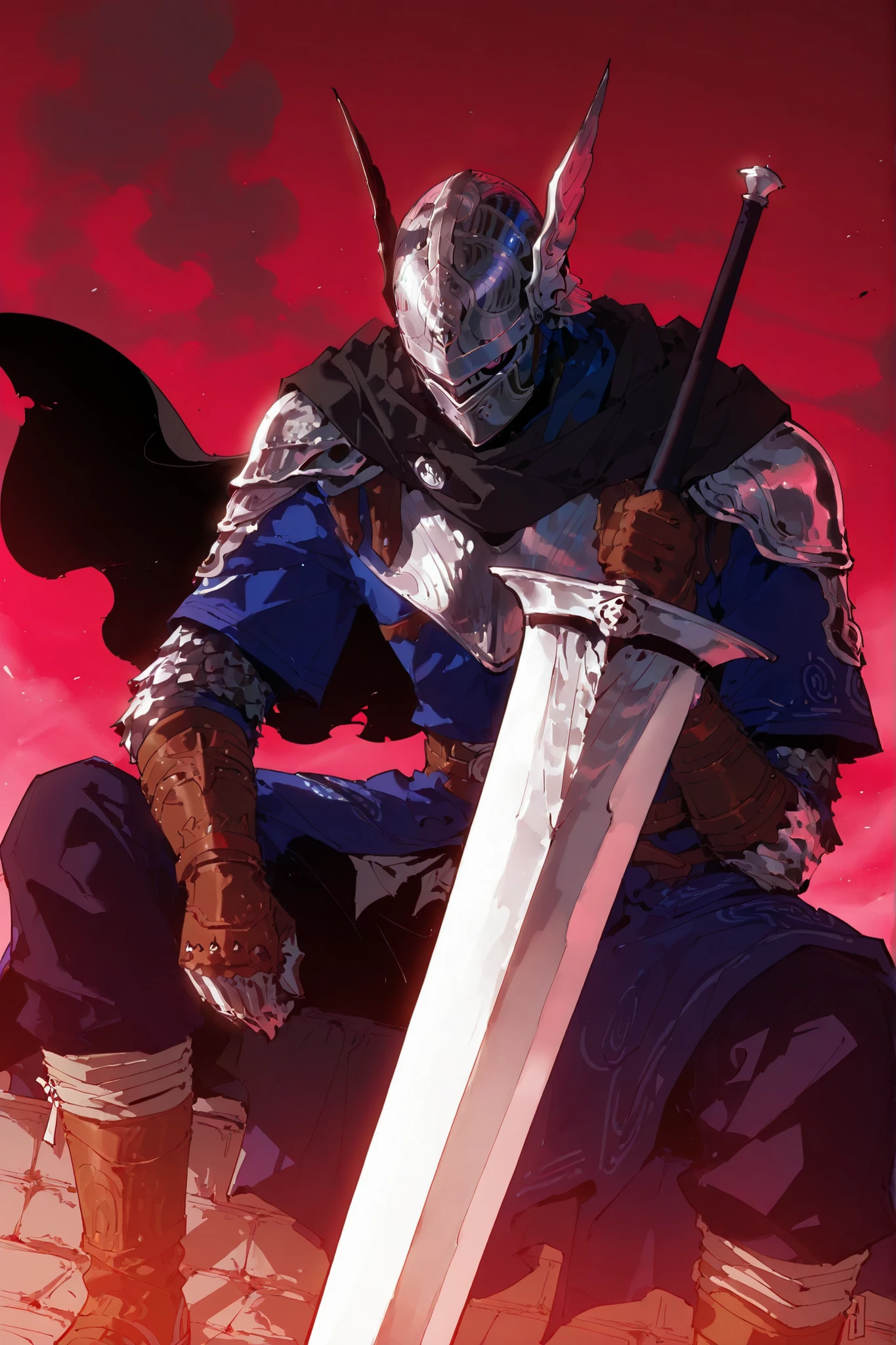 single, male, wylder (nightreign), wld, winged helmet, helm, pauldrons, shoulder armor, armor, full armor, cape, gauntlets, brown belt, greatsword, sitting while holding his sword, simple pose, dutch angle, detailed background , upperbody only, upperbody only