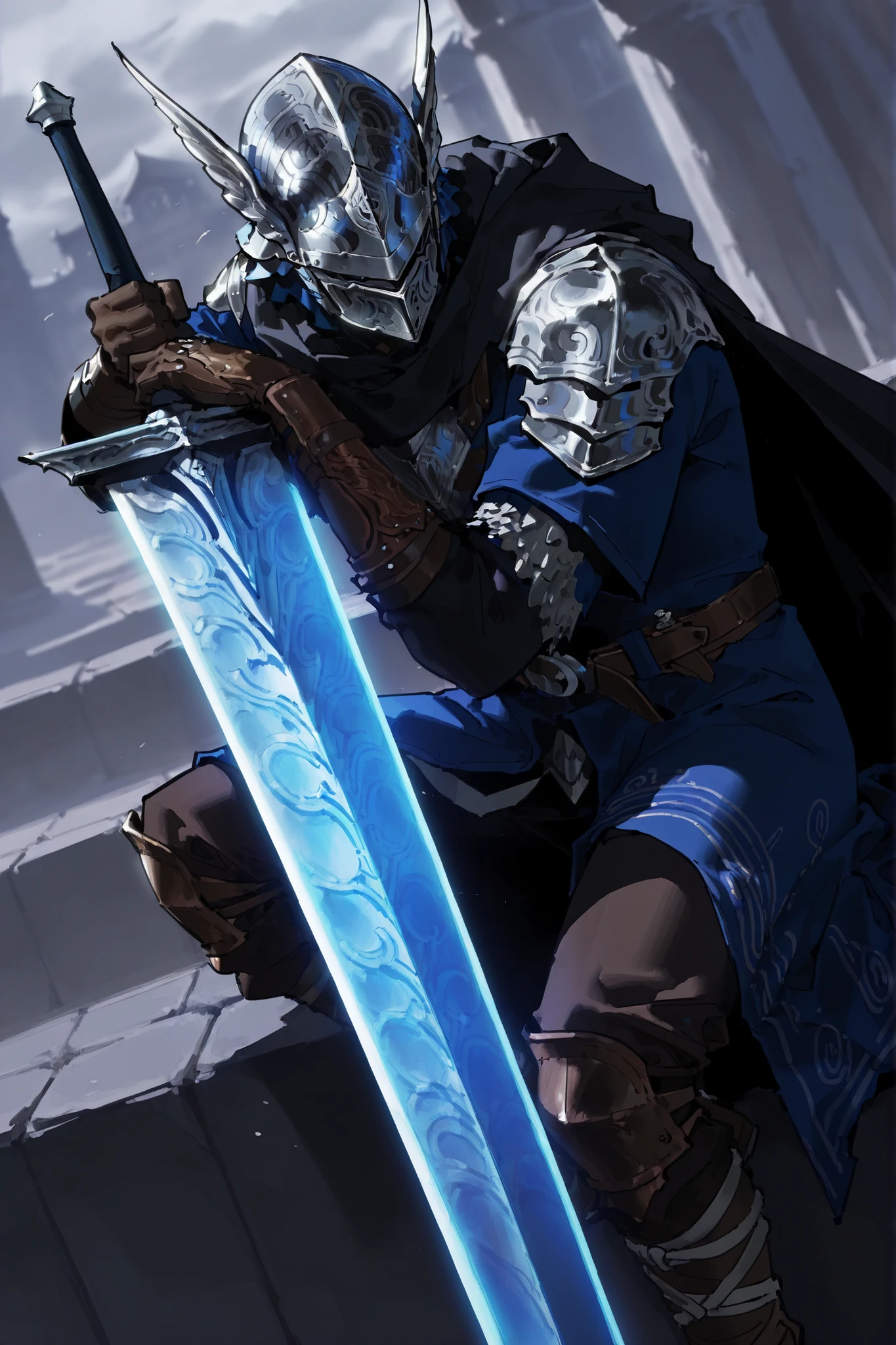 single, male, wylder (nightreign), wld, winged helmet, helm, pauldrons, shoulder armor, armor, full armor, cape, gauntlets, brown belt, greatsword, sitting while holding his sword, simple pose, dutch angle, detailed background , upperbody only, upperbody only