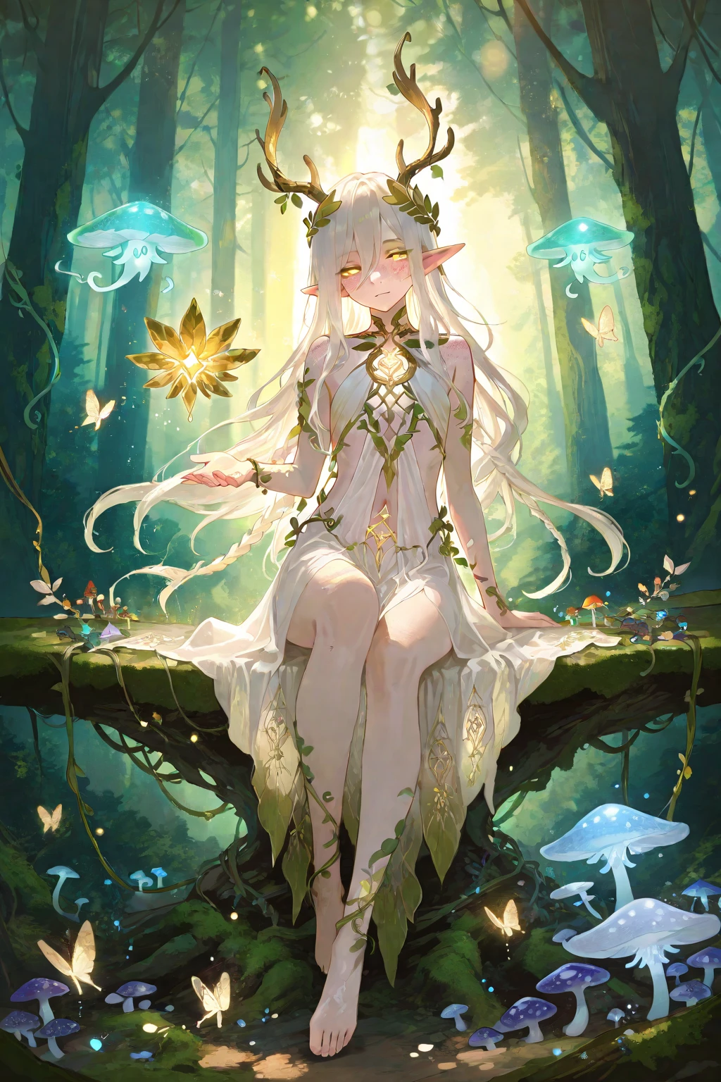 myth fantasy creature tree, scary face, open mouth, wood body, beauty beautiful, from right side, smile, close eyes, dark cyan and green, intricate forest background, clinging ivy, white dress of intricate delicate, dark fantasy aesthetics, quiet wind blows atmosphere, (masterpiece:1.1), eco punk, smooth and flawless skin, very small ???????, radiant abstraction background, mythical fantasies, insane details, wonderfully, covered in swirls, intricate glimmer glass, high resolution, holography style, holographic rendering,