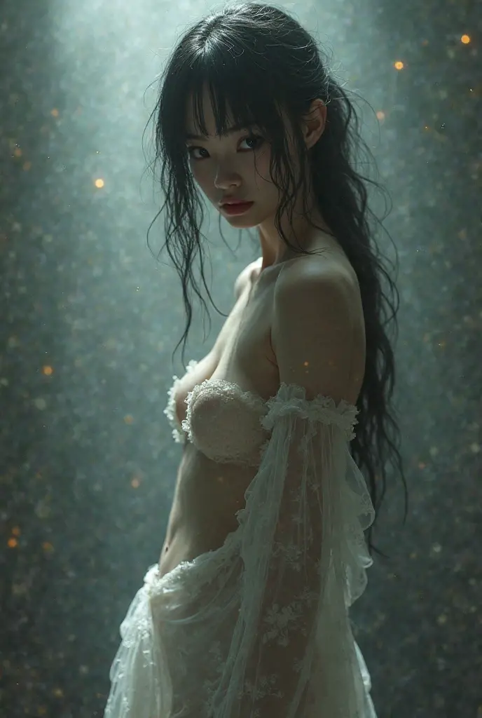 (Hyper-realistic), (Illustration), (High resolution), (8K), (Extremely detailed), (Best Illustration), Yol ( chain saw man ), (Beautiful detailed eyes), (Best Quality), (Ultra-detailed), (masutepiece), (Wallpaper), (Detailed face), Solo, Upper body, Focus on Face, 1 girl, Long Black Hair, Korean, Thin eyeshadow, A detailed eye, Brown eyes, Small moles under the eyes, very slender legs,Small breasts,Smaller chest,Black knee socks, Dynamic Pose, low illuminance, Night, Dark, Clouds, a dark night,sleeps in a bed,Happy,White panty,Naked,Face drenched in foam,splashing water on the body,Reluctant face,