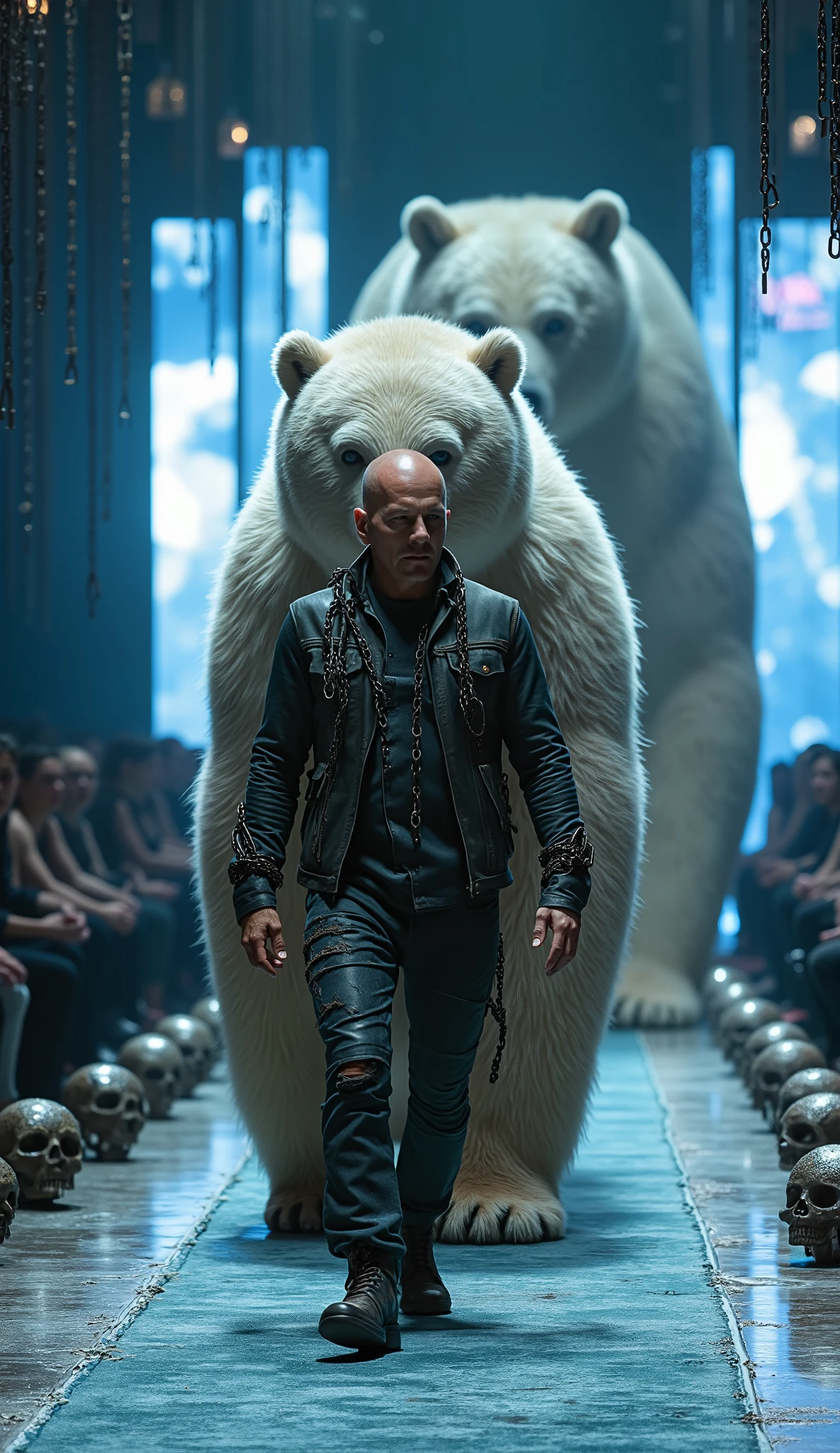 Bruce Willis walking on a cinematic runway, hyper-realistic ultra-detailed, wearing torn battle-worn clothes with heavy metallic chains wrapped around his arms and torso. Beside him, a huge ultra-realistic polar bear, muscular and fierce, also chained around its body, walking in sync with him. Background shows glowing LED screens with the name "BRUCE WILLIS", walls and pillars decorated with additional LED screens displaying dynamic visuals, runway covered with a deep icy blue carpet with metallic accents. Audience standing and clapping, dramatic spotlights illuminating the scene, chains hanging from the ceiling above. Atmosphere darker and brutal, reflections on the floor, skull heads and metallic ornaments decorating the edges of the runway. Cinematic lighting, epic fantasy fashion-show aesthetics, hyper-realism, ultra-detailed 64k resolution, legendary and imposing composition. Maintain variation in color theme and lighting to differentiate from the Stallone scene.