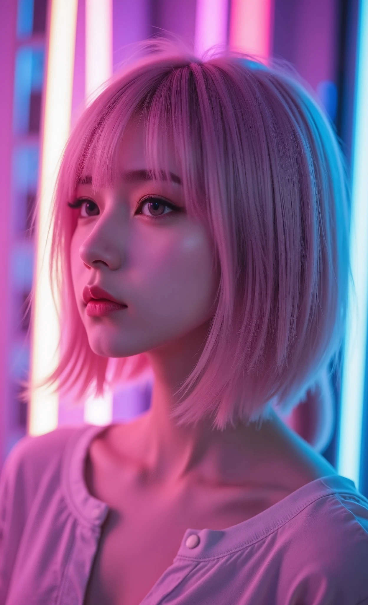A vibrant scene is brought to life with the futuristic and edgy ambiance created by a backdrop of neon lights that blend pink, blue, and purple hues. The multicolored illumination casts a striking glow onto smooth, pastel pink hair that is styled in a neat, shoulder-length bob. The colorful light reflections add a dynamic contrast and enhance the hair's polished texture. This setting conveys a modern, cyberpunk atmosphere, reminiscent of a cityscape filled with vibrant nightlife. The overall composition melds softness with an electric vibe, highlighting the fusion of urban aesthetic and playful color dynamics. The blurred face directs attention to the interplay of light and color, enriching the image's overall visual appeal.