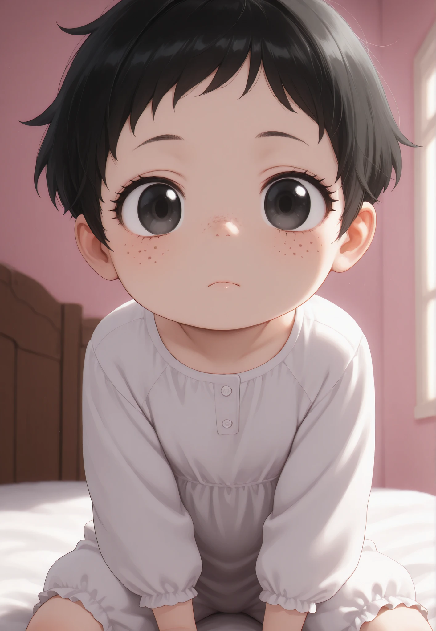 Masterpiece, Best Quality, Newest, Safe, Good Anatomy, Good Resolution, Good Lighting. Beautiful, Anime, Normal. Baby Girl, Black Hair and Short Pixie Hair. Black Eyes. Black Eyelashes, Light Skin, Freckles on Cheeks. She is an adorable 6-8 month old baby. Looking at viewer, Alone, Background: Bedroom. Natural poses. Wearing clothing: Soft cotton romper in pastel shades.