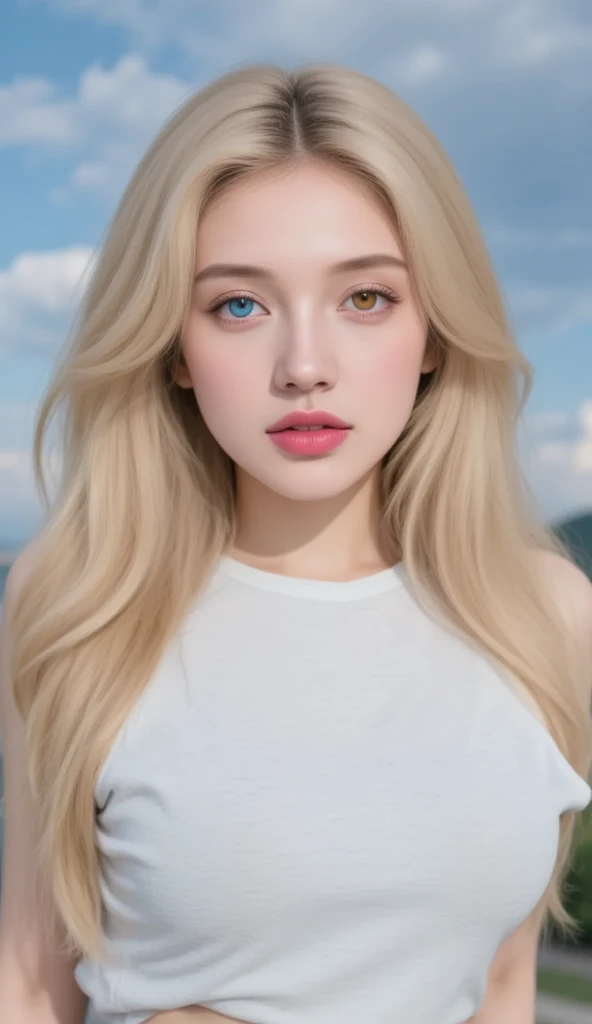 (Highest quality, 32k, High resolution, Masterpiece:1.5, ), marimo_jet, god々A photograph with brilliant dazzling and healing power., Evoking a sense of calm and elusive beauty, Expressing emotions, Have a rich imagination,Beautiful Japanese Girls, An exceptionally beautiful face, ((Low - Angle:1.4)), Small Face Beauty, Perfect Human , Magical big eyes, Motherhood and generosity, Deep Love, A fleeting smile, ((Shiny ash beige hair:1.4)), Super Long Straight Silk Hair, Asymmetrical bangs, Hair between the eyes, , soft white skin, Sharp eyebrows, Thin lashes, Natural Makeup, Cheek highlighter, Pale pink detailed lips, ((Light blue thin camisole:1.3)), High resolutionの完璧な鎖骨, High resolutionの美しい胸元, Slim figure with ample breasts, High resolutionの美しい太もも, ((Detailed blue sky and clouds in summer:1.2)), ((Beautiful Hibiscus:1.2)), Professional Lighting, Professional photographer, Professional models, god秘的