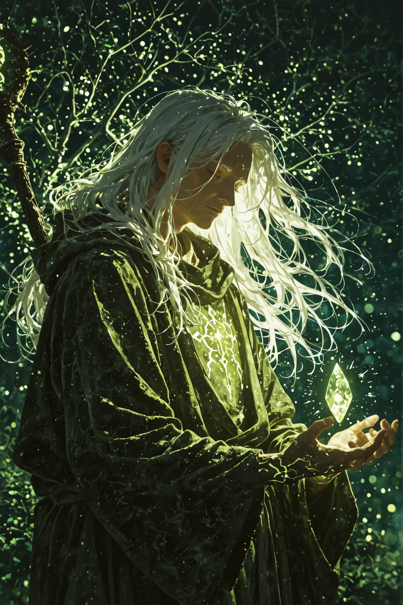 masterpiece, best quality, amazing quality, absurdres, newest, 1 man, old man,ancient elder, mystical forest guardian, humanoid spirit, moss-covered robe, glowing runes on skin, wooden staff with crystal core, long white hair flowing, wise and calm expression, ethereal atmosphere, soft green light, magical forest background, cinematic lighting, cinematic shadows, additional lighting, highly detailed fantasy Illustration, Glowing_Lights, glowing_light, glowing, glowing_effect, sparkling, particles, sparkle_effect, light_particles, glitter, glitter_effect, bokeh, pastel color, soft shading, ambient light, dreamy atmosphere, melancholy, subtle details, blurry background, no outline, sketchy lineart, cinematic lighting, watercolor style,light_bokeh, light_reflection,