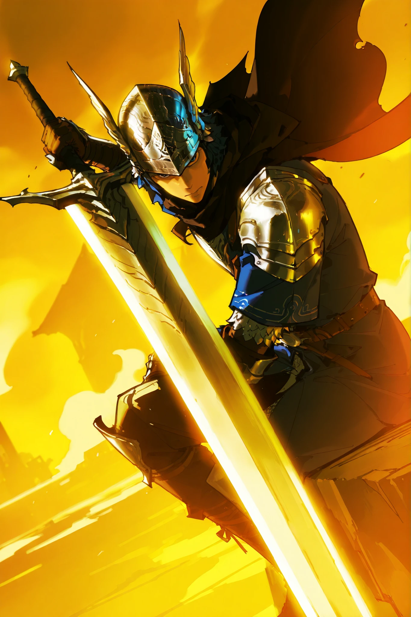 single, male, wylder (nightreign), wld, winged helmet, helm, pauldrons, shoulder armor, armor, full armor, cape, gauntlets, brown belt, greatsword, sitting holding his sword, simple pose, dutch angle, detailed background , upperbody only, upperbody only , serious tone