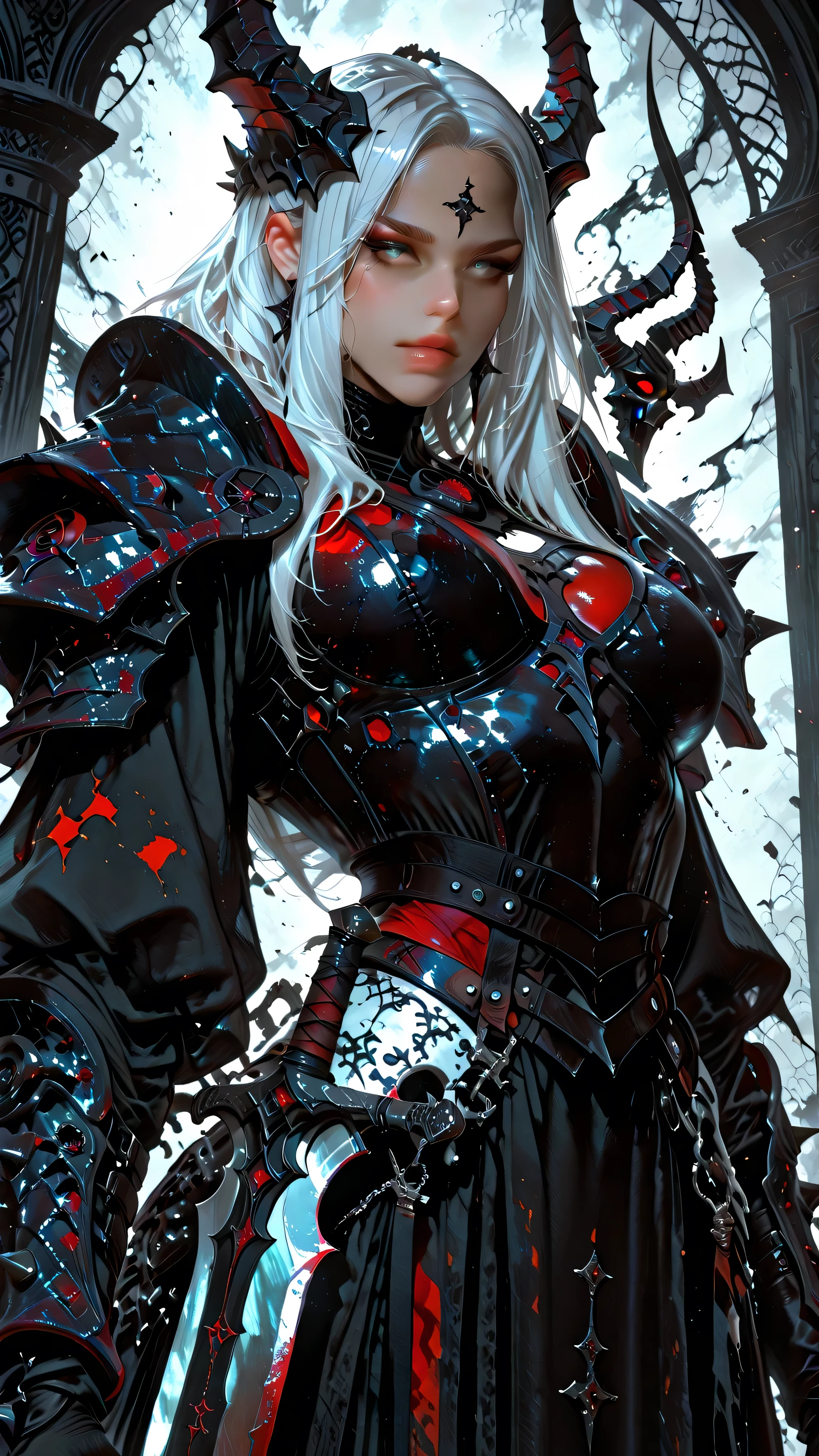 a digital artwork depicting a stern, imposing female warrior with a Gothic fantasy aesthetic. The image is shot from a slightly low, frontal angle, emphasizing her towering presence. She has long, flowing white hair that contrasts starkly with her dark armor. Her face is partially obscured by a black, spiked metal helmet with vertical ridges, adding to her menacing appearance. Her lips are painted black, matching the overall dark theme of her attire.
She is dressed in heavy, black, metallic armor with angular, spiked shoulder plates. Her  plate is smooth but equally dark, covering her . Her right hand, clad in a black glove, grips the hilt of a large, double-edged sword that stands upright in front of her. The sword has a simple, straight blade with a slightly worn appearance, and there is a small, red stain on the blade, hinting at recent use.
The background is a misty, gray landscape, which further enhances the somber and mysterious atmosphere. The texture of her armor is rough and metallic, while her hair is smooth and flowing. The overall color palette is dominated by blacks and grays, with the white of her hair being the only bright element. The image has a realistic, yet slightly fantastical style, typical of high-fantasy digital art.