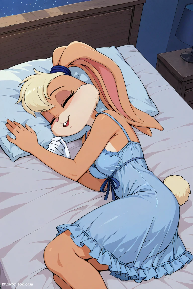 Lola bunny lying in bed in sexy lingerie, smiling seductively, no sweater