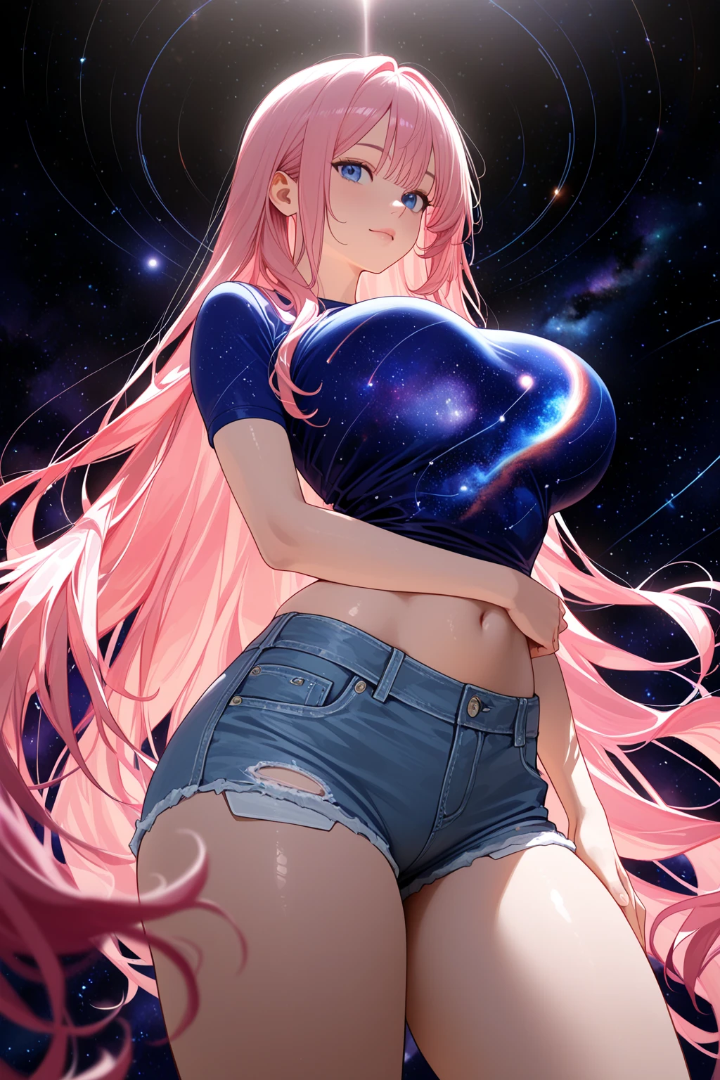 Optimal,masterpiece,High resolution,highest quality,hyper hd,Super detailed,award-winning,16k,alone,(cowboy shot)、cute face,,pink hair、long hair、braid、 hair line,((scarlet eyes)),long eyelashes,drooping corners of the eyes,Are standing、open your legs、thin legs、white skin,((shoot from below)), ((wearing a tight white t-shirt:1.5)), ((transparent nipples))、rocket tits , big breasts,
