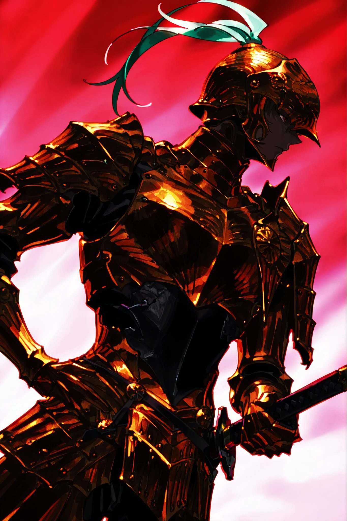 single, male, executor (nightreign), executor, full armor, dark skin, helmet, gold armor, breastplate, katana, holding the katana at his hip, simple pose, dutch angle, detailed background , serious tone, charismatic and intense