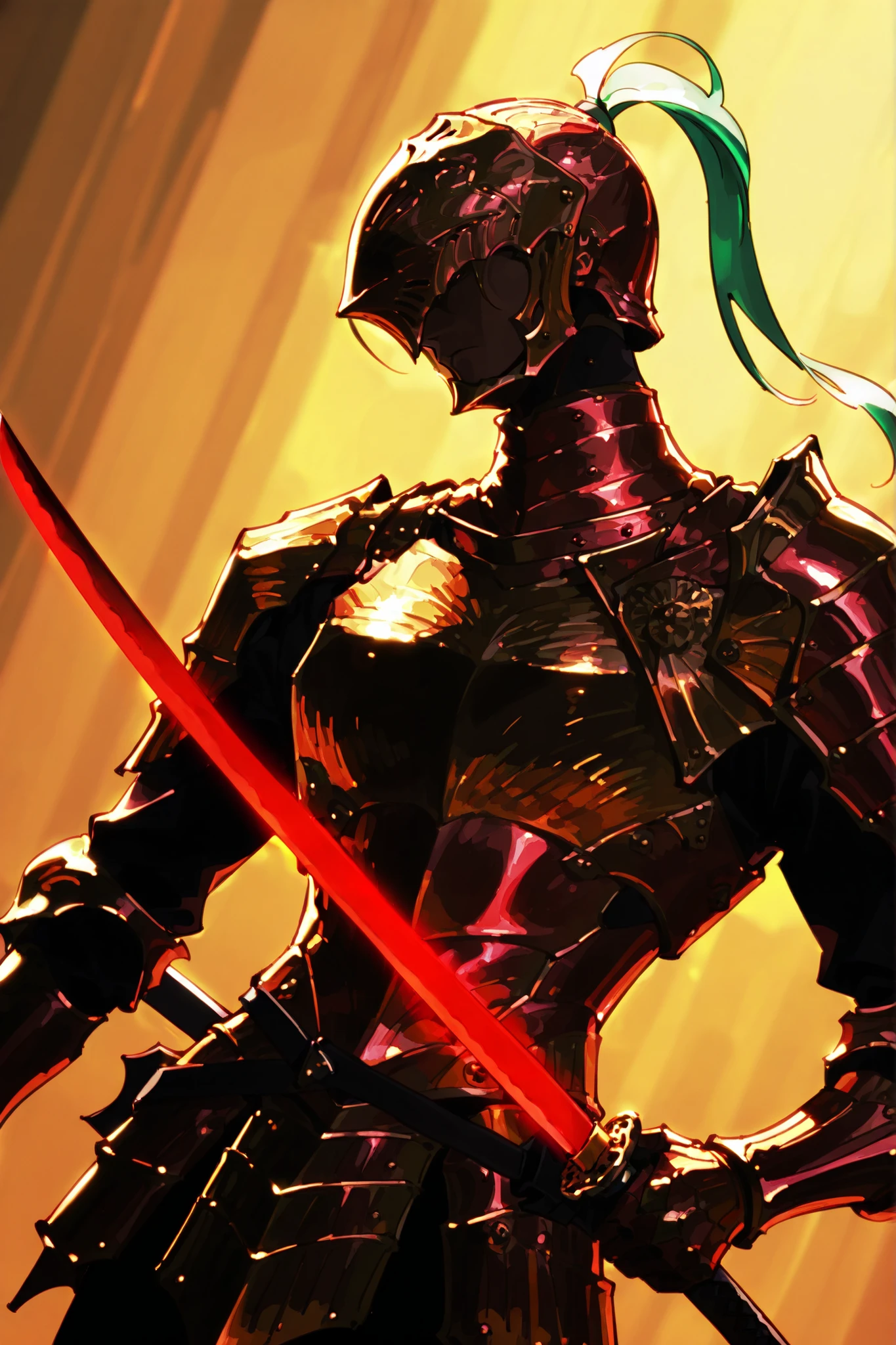 single, male, executor (nightreign), executor, full armor, dark skin, helmet, gold armor, breastplate, katana, holding the katana at his hip, simple pose, dutch angle, detailed background , serious tone, charismatic and intense , side view