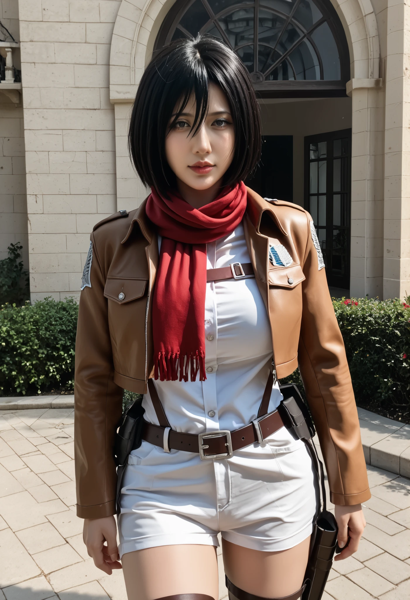 score_9,score_8_acima,score_7_acima,score_9,4k,high definition,8k,highres,anti-aliasing,detalhado,textura,Break MikaAckermans DXL Cinematic Lighting,uma garota,only,cabelo curto,cabelo preto,jaqueta,cinto,echarpe,olhos negros,cinta na coxa,red echarpe,emblema,military uniform paradis,corpo de pesquisa (emblema),mikasa ackerman,cowboy shooting,village,quadris largos,seios grandes,