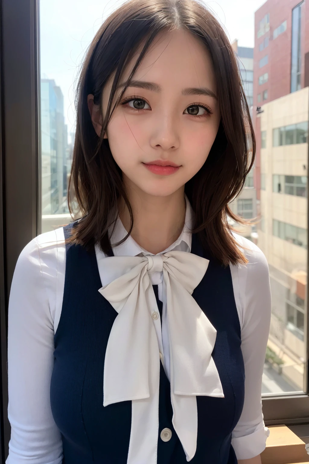 (((1girl)))((best qualtiy, 8K, tmasterpiece:1.3)),((Sharp:1.2, perfect figure beautiful woman:1.4, Slim abs:1.2)), ((Layered Hair Style, huge tit:1.3)),((Highly detailed  and skin texture，A detailed eye，Black eye,double eyelid, droopy eyes)),(japan girl:1.5)(Brown Hair,Bob Cut)(Formal shirt:1.8),(in Office:1.3)Impish Smile(random pose)