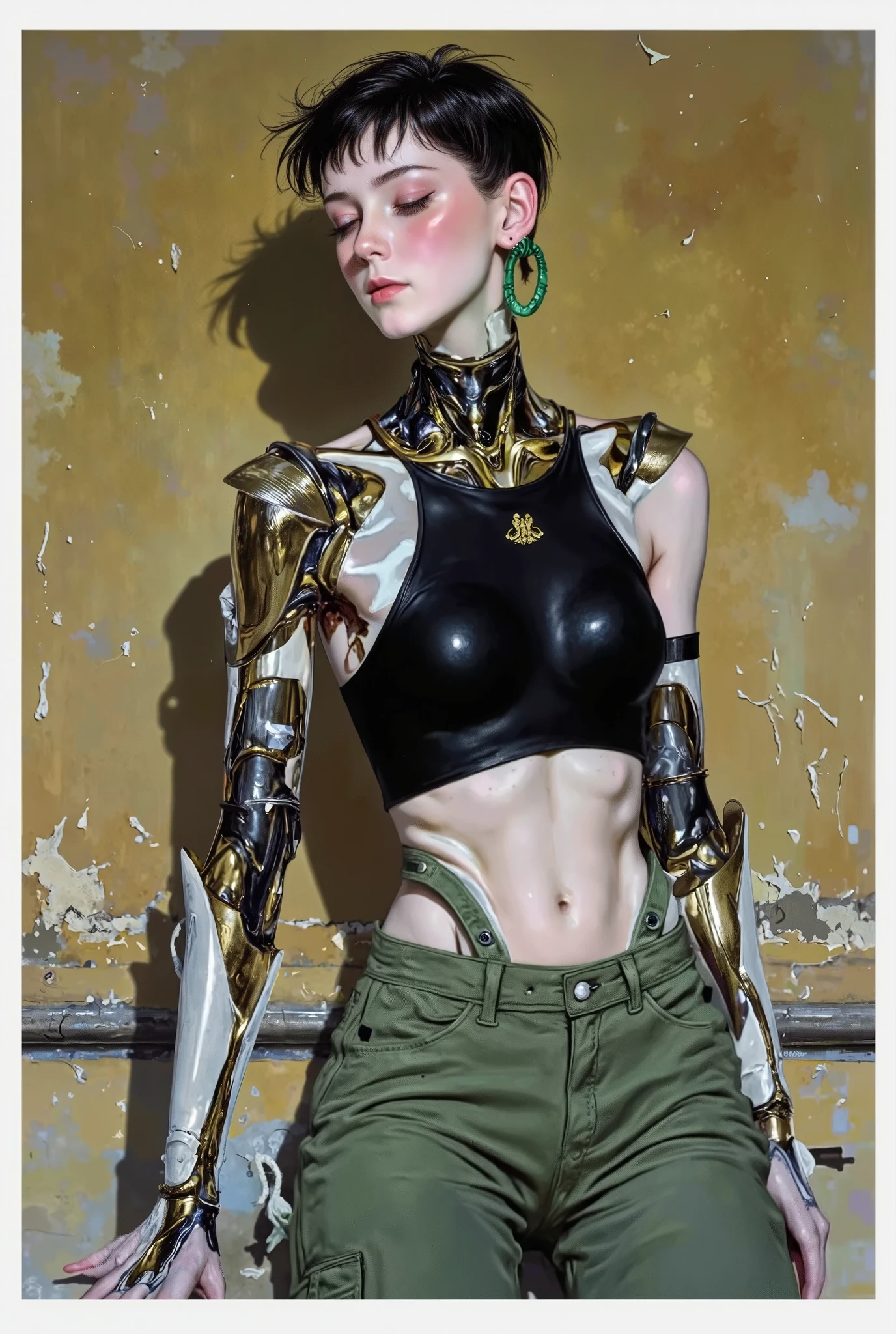A highly detailed, hyper realistic digital artwork in an anime style, showing a slender female cyborg in a dynamic mid-action pose, slightly turned. She has pale, near-white skin, short spiky black hair, small perky breasts, and a flat stomach. Her exposed ribcage is replaced with intricate golden mechanical parts. Her left arm is fully robotic, with visible wires and fine mechanical detail. She wears a tight black cropped top revealing her midriff and biomechanical chest, paired with loose olive-green cargo pants, slightly unbuttoned. Large green hoop earrings add a sharp, minimal contrast. The scene is lit with soft, warm, diffused light, creating a muted industrial atmosphere. The background features a textured mustard wall with scratches and rough plaster or wood patterns. Earthy tones dominate, with bright metallic golds from her mechanical components. The image is framed with clean white borders to highlight the hand-drawn pencil texture and fine detailing. Masterpiece, stylized, cinematic, award winning, dynamic, textured, gritty, cyberpunk realism.