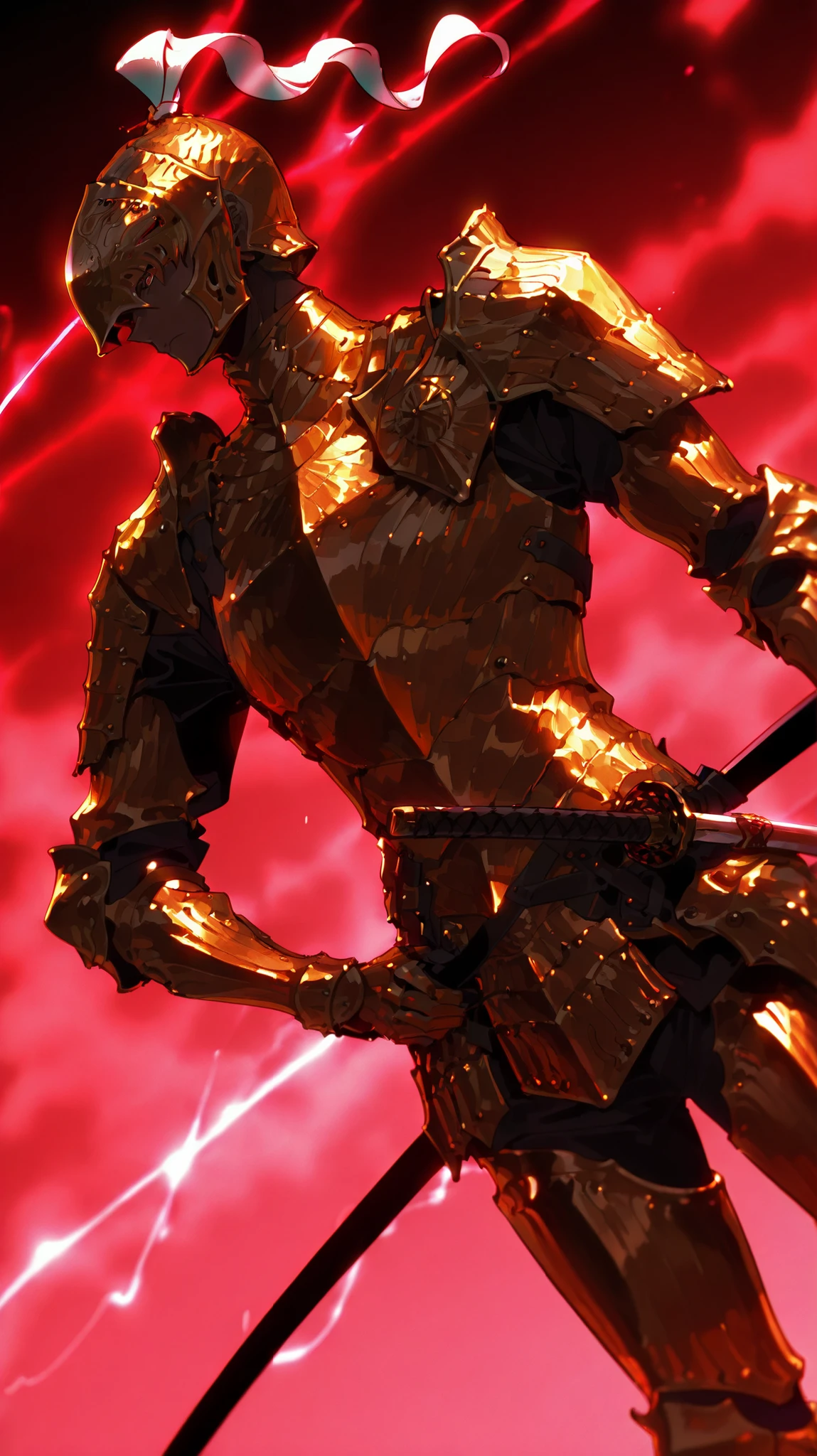 single, male, executor (nightreign), executor, full armor, dark skin, helmet, gold armor, breastplate, katana, holding the katana at his hip, simple pose, dutch angle, detailed background , serious tone, charismatic and intense , side view