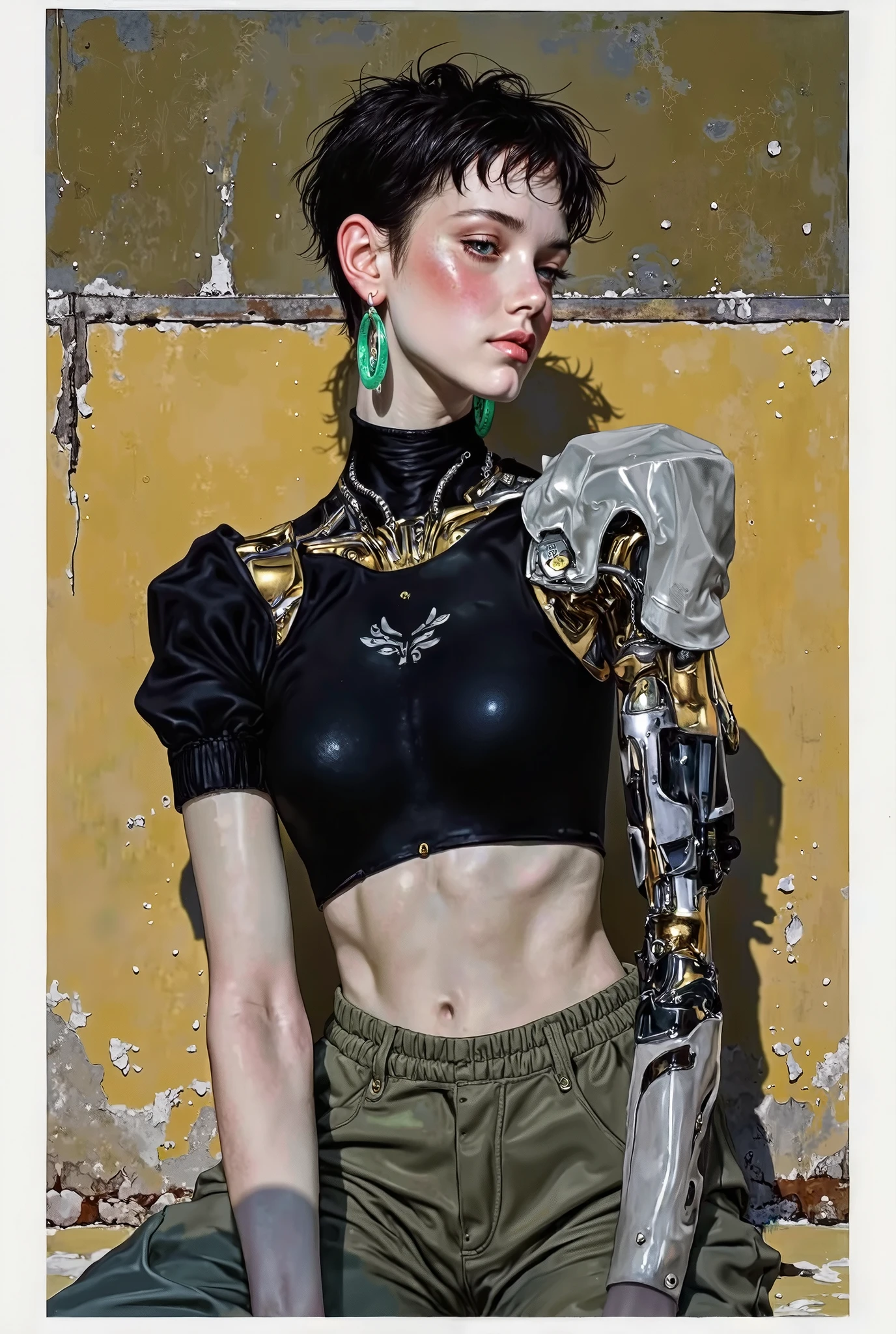 A highly detailed, hyper realistic digital artwork in an anime style, showing a slender female cyborg in a dynamic mid-action pose, slightly turned. She has pale, near-white skin, short spiky black hair, small perky breasts, and a flat stomach. Her exposed ribcage is replaced with intricate golden mechanical parts. Her left arm is fully robotic, with visible wires and fine mechanical detail. She wears a tight black cropped top revealing her midriff and biomechanical chest, paired with loose olive-green cargo pants, slightly unbuttoned. Large green hoop earrings add a sharp, minimal contrast. The scene is lit with soft, warm, diffused light, creating a muted industrial atmosphere. The background features a textured mustard wall with scratches and rough plaster or wood patterns. Earthy tones dominate, with bright metallic golds from her mechanical components. The image is framed with clean white borders to highlight the hand-drawn pencil texture and fine detailing. Masterpiece, stylized, cinematic, award winning, dynamic, textured, gritty, cyberpunk realism.