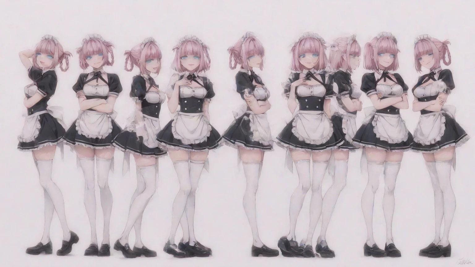 masterpiece, best quality, highres, ddaqua, twintails, drill hair, maid headdress, white gloves, <lora:minato_aqua_v1:1>, cowboy shot, standing, smile, open mouth, hand on hip,