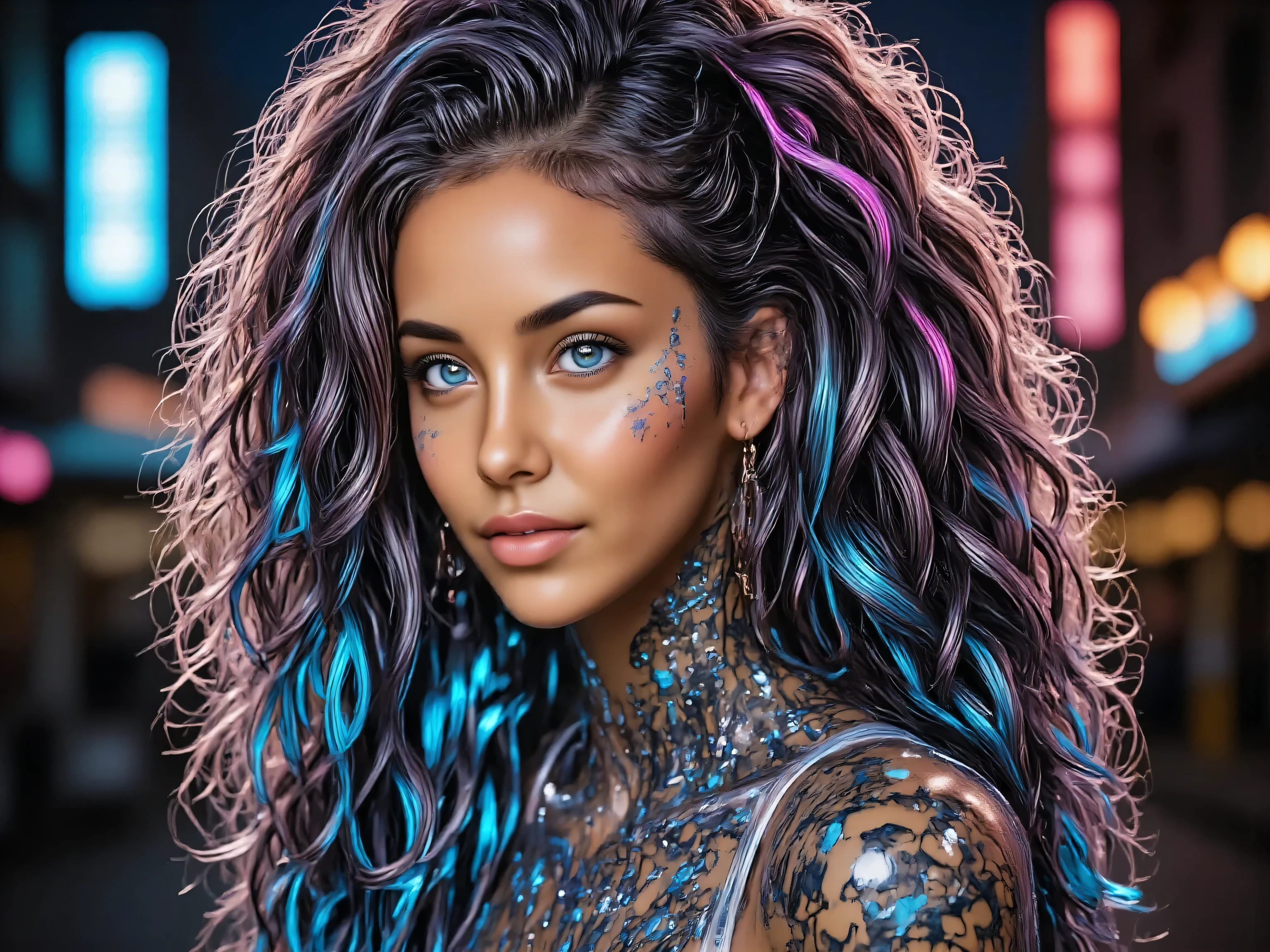 beautiful cybernetic30 years old, cute smiel woman, (advanced chimera:1.2), athletic build, {cyber-enhanced sports outfit|tech-infused dress|luminous bodysuit|metallic tennis wear}, flowing digital hair, gleaming eyes, perfect synthetic skin with subtle circuits, chrome anatomical details, {futuristic arena|cyber palace|digital nature|tech sanctuary}, confident stanceultra-detailed portrait, synthetic beauty, (perfect android-human fusion:1.2), flawless figure, {high-tech tennis wear|cyber battle suit|flowing tech-dress|metallic bodysuit}, holographic hair effects, glowing circuit patterns on skin, polished chrome details, {sunset court|digital void|cyber garden|neon landscape}, elegant pose