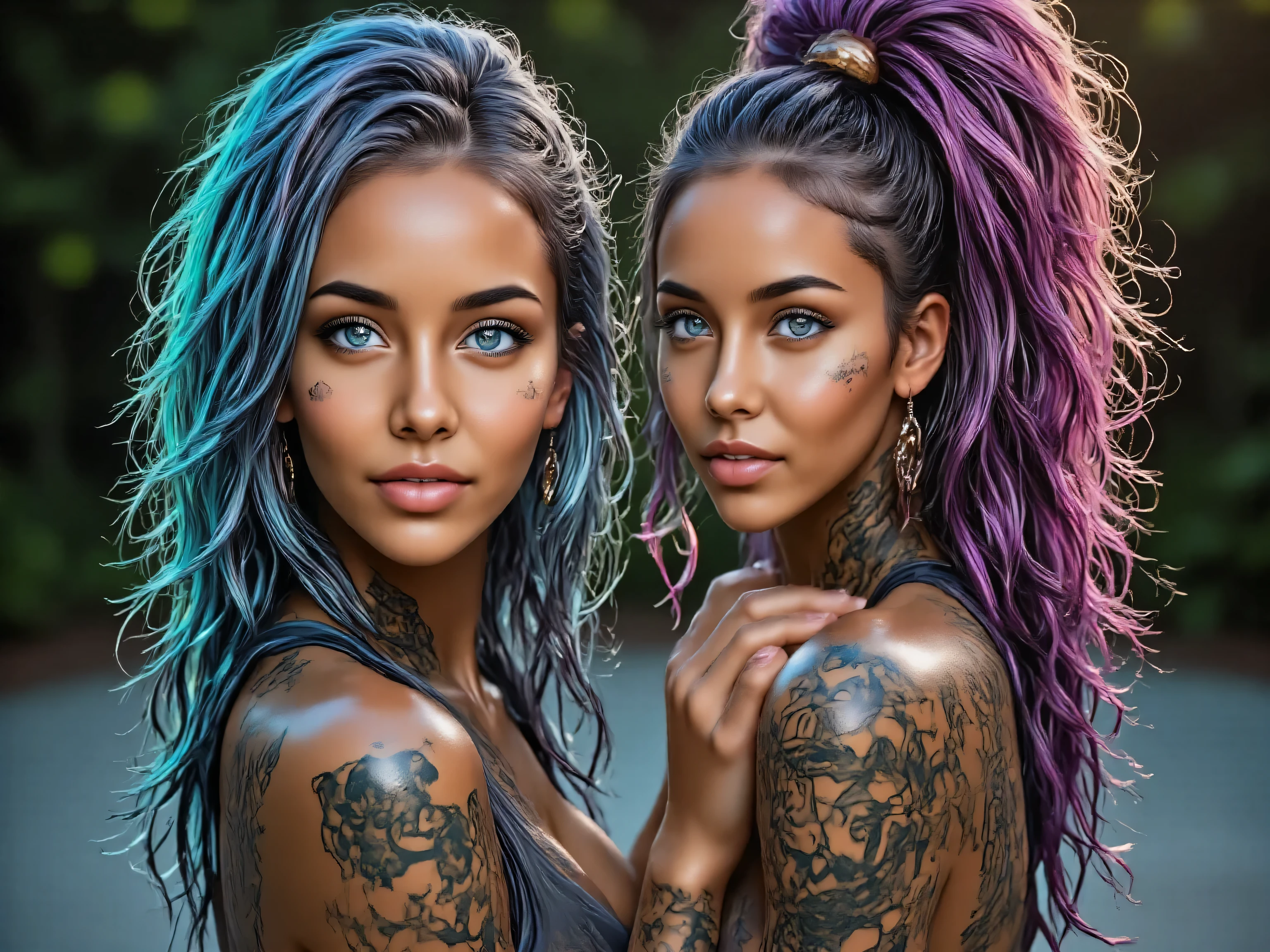 beautiful chimera hybrid woman, perfect athletic body, medium breasts, sleek tennis outfit, porcelain skin with glowing blue circuits, fiber optic purple-black hair, luminous green eyes, chrome accents merging with flesh, dynamic pose on tennis court, ultra HD, hyperrealistic render, advanced android features