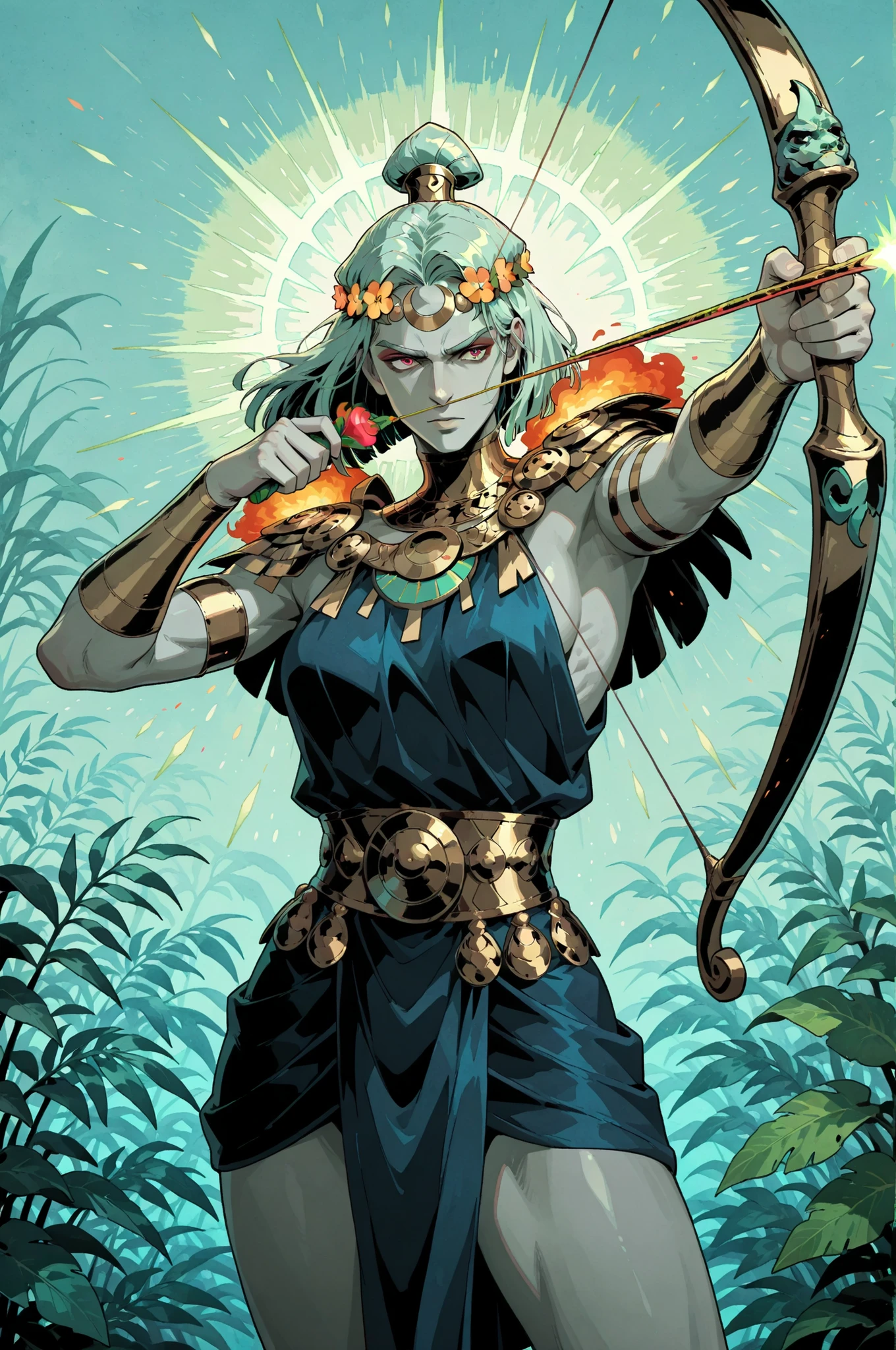Atremis from Hades, aiming her bow, in full view in a highly detailed watercolor artstyle