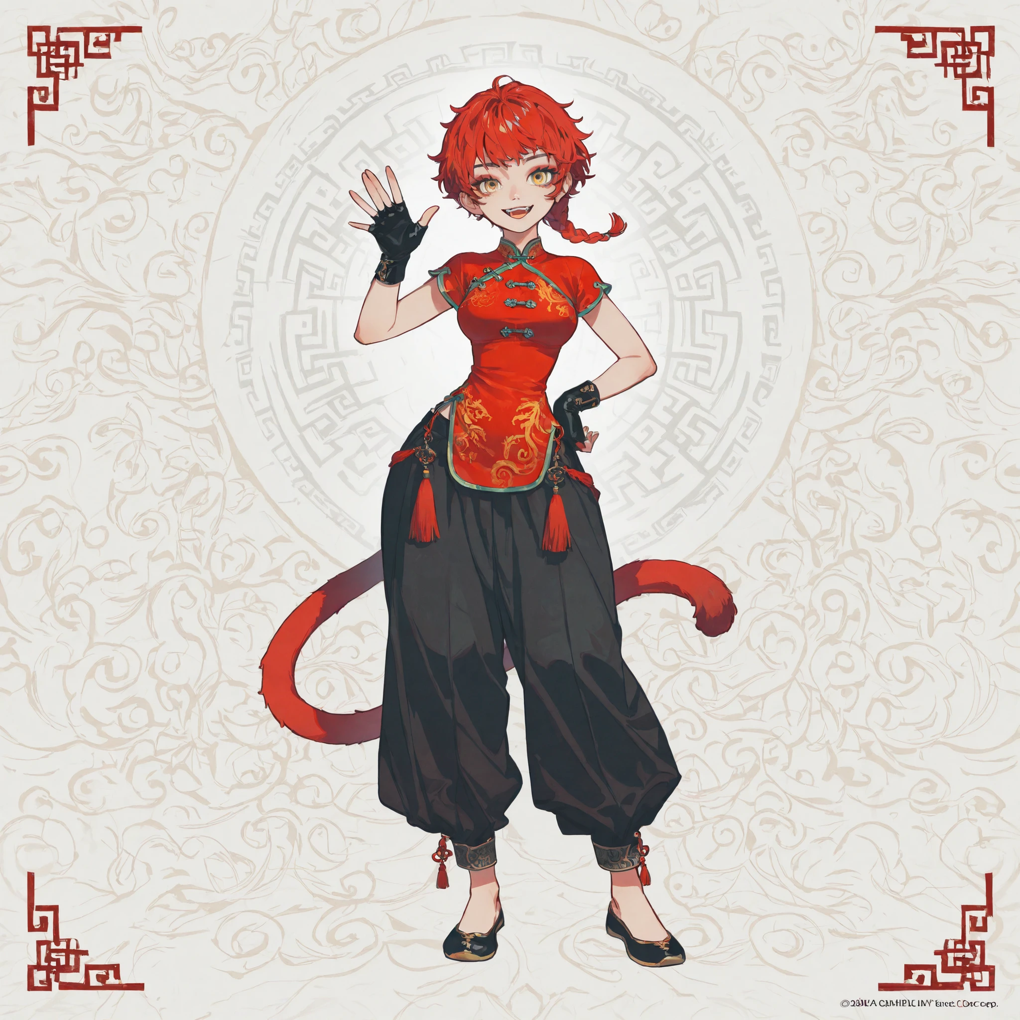 masterpiece, ultra-HD, impressionism, high detail, best quality, very aesthetic, 8K, best quality, beautiful, ultra-high resolution, 32K UHD, 4ki4k4ne_illu, 1woman, solo, short messy red hair, pixie cut, single braid, yellow eyes, almond-shaped eyes, eyelashes, red eyeshadow, monkey tail, medium breasts, wide hips, narrow waist, thick thighs, shapely legs, slim, red qipao shirt, chinese clothes, short sleeves, black fingerless gloves, black baggy pants, blushed, smile, open mouth, waving hand, hand on hips, standing, full body, looking at the viewer, simple background, front view