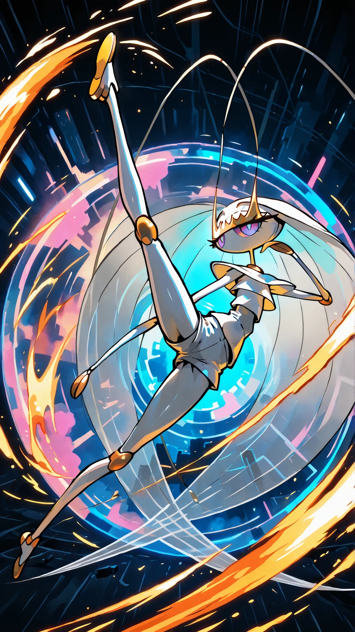 Pheromosa from Pokemon, White Body,Thin Waist, Very Thin Waist, Wasp Waist, Solo,vibrant colors, cel shading, Simplistic Art Style, solo,((round kick:1.3)),side view,(action:1.3),(acrobat:1.3),{cyberpunk background}