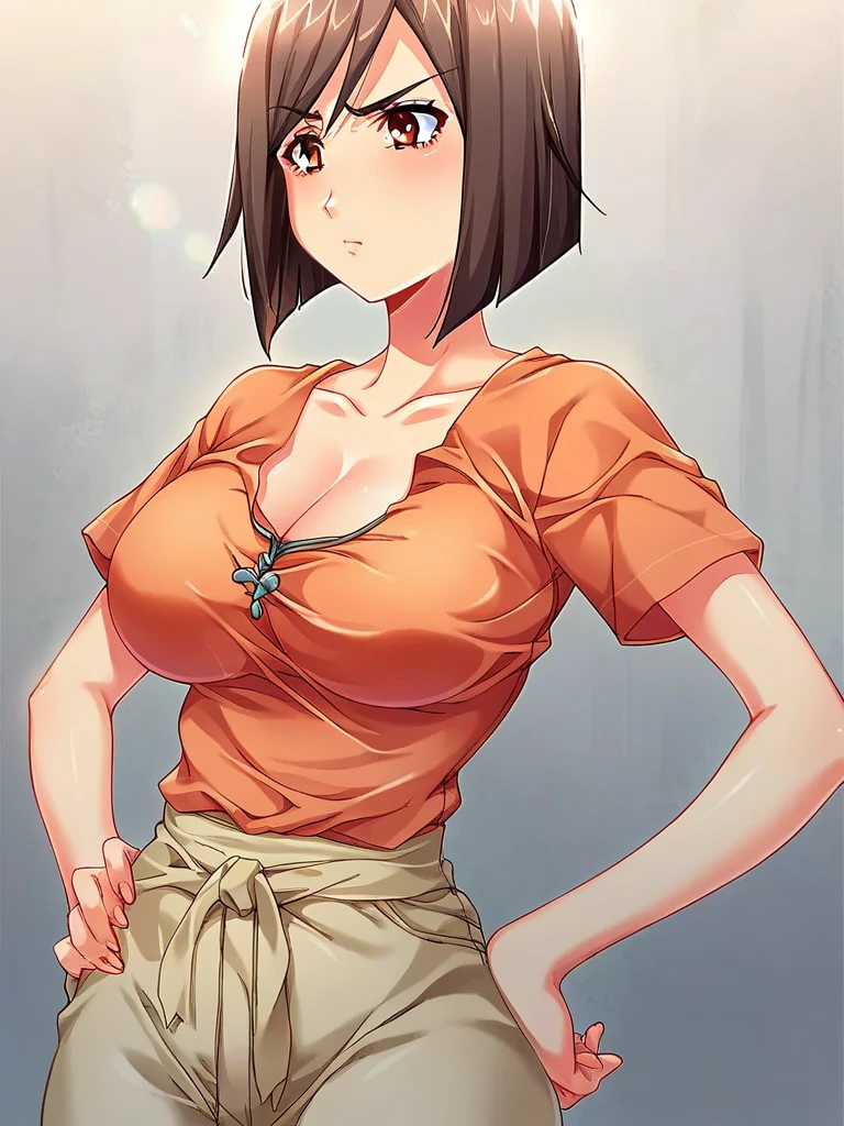 amamitsuki, nsfw, masterpiece, short hair, 1 ear exposed, 1 girl, erect nipples, intricately detailed, topless, navel, bare shoulders, necklace, erect nipples, puffy nipples, brown hair, dolphin shorts, window, bedroom, curtain, Blue sky, extremely detailed, cg masterpiece, bare breasts, nipples, green eyes, bare stomach, side swept bangs, sweaty, large breasts, arm strap, pale skin, smiling, flat colored, woodblock painting style, huge nipples