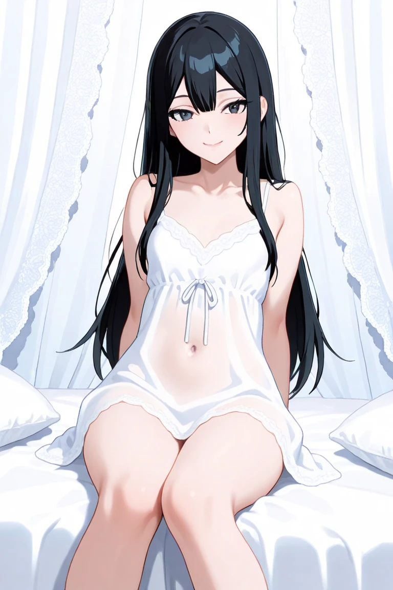 solo, 1girl, looking at viewer, 2D, anime, anime coloring, full body, (solid white background:1.3), miyuki shiba, maid bikini, porn, kiss, looking at viewer, straddle me, smile,bed room,sleep position, kiss me