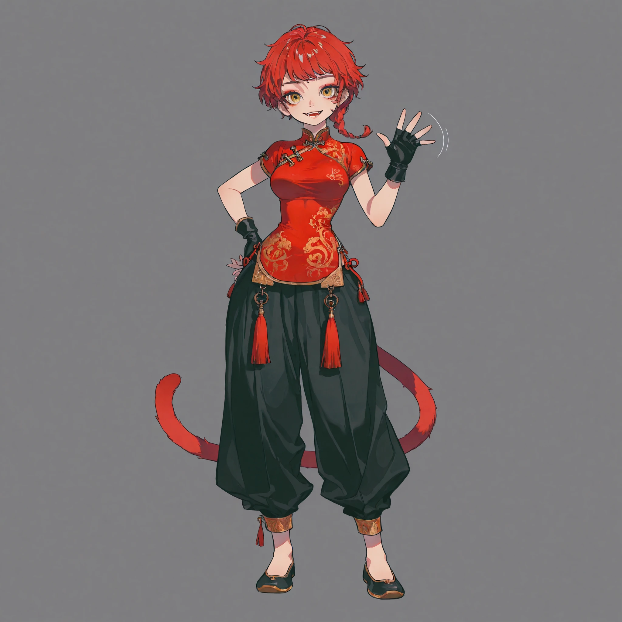 masterpiece, ultra-HD, impressionism, high detail, best quality, very aesthetic, 8K, best quality, beautiful, ultra-high resolution, 32K UHD, 4ki4k4ne_illu, 1woman, solo, short messy red hair, pixie cut, single braid, yellow eyes, almond-shaped eyes, eyelashes, red eyeshadow, monkey tail, medium breasts, wide hips, narrow waist, thick thighs, shapely legs, slim, red qipao shirt, chinese clothes, short sleeves, black fingerless gloves, black baggy pants, blushed, smile, open mouth, waving hand, hand on hips, standing, full body, looking at the viewer, simple background, front view