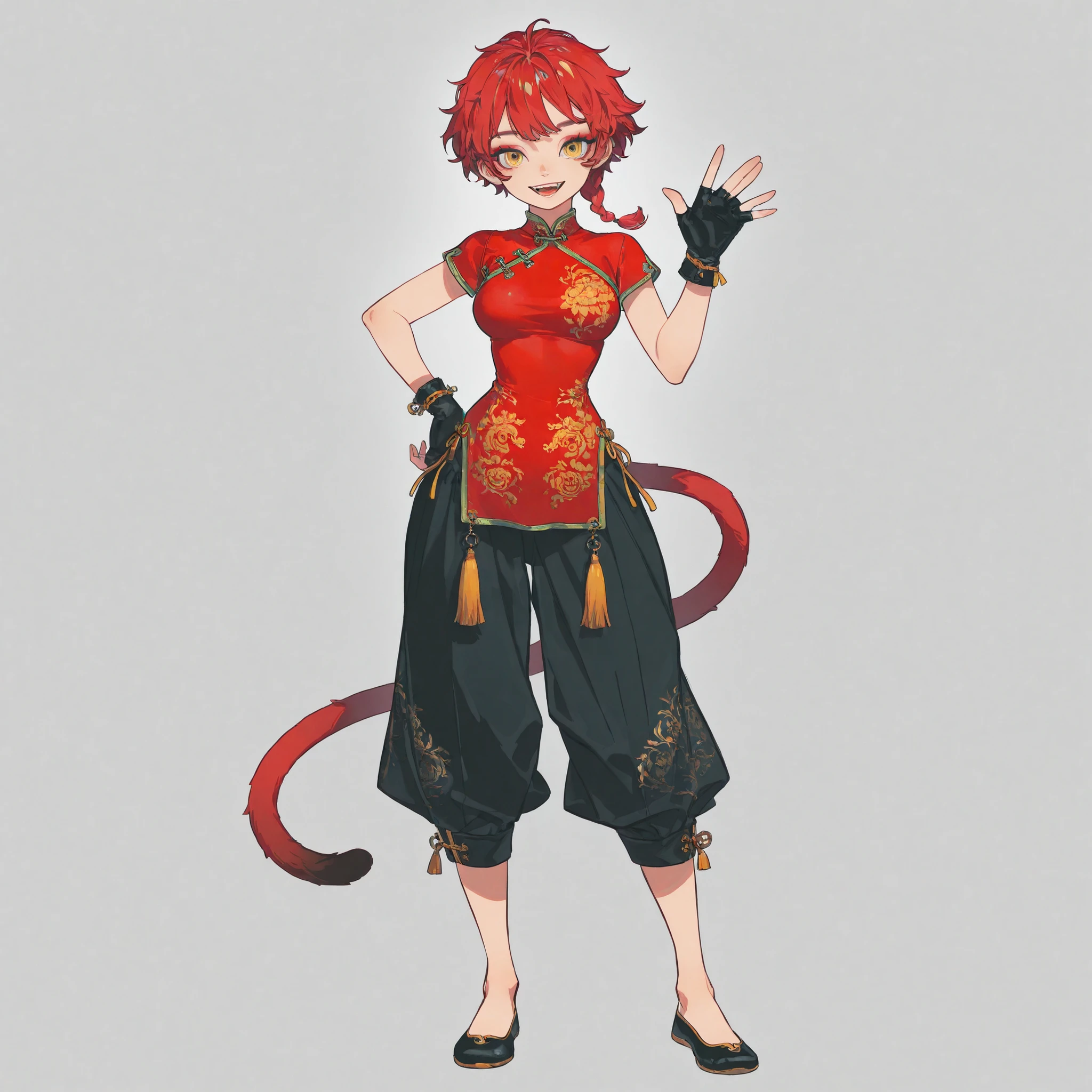 masterpiece, ultra-HD, impressionism, high detail, best quality, very aesthetic, 8K, best quality, beautiful, ultra-high resolution, 32K UHD, 4ki4k4ne_illu, 1woman, solo, short messy red hair, pixie cut, single braid, yellow eyes, almond-shaped eyes, eyelashes, red eyeshadow, monkey tail, medium breasts, wide hips, narrow waist, thick thighs, shapely legs, slim, red qipao shirt, chinese clothes, short sleeves, black fingerless gloves, black baggy pants, blushed, smile, open mouth, waving hand, hand on hips, standing, full body, looking at the viewer, simple background, front view