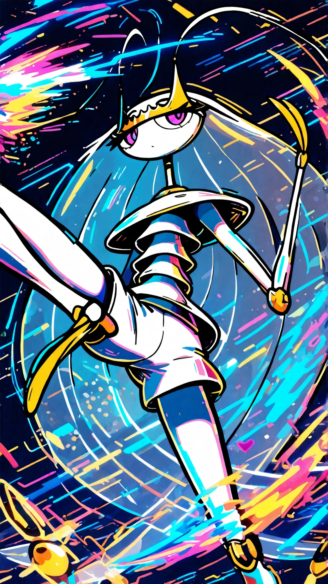 Pheromosa from Pokemon, White Body,Thin Waist, Very Thin Waist, Wasp Waist, Solo,vibrant colors, cel shading, Simplistic Art Style, solo,((round kick:1.3)),side view,(action:1.3),(acrobat:1.3),{cyberpunk background}