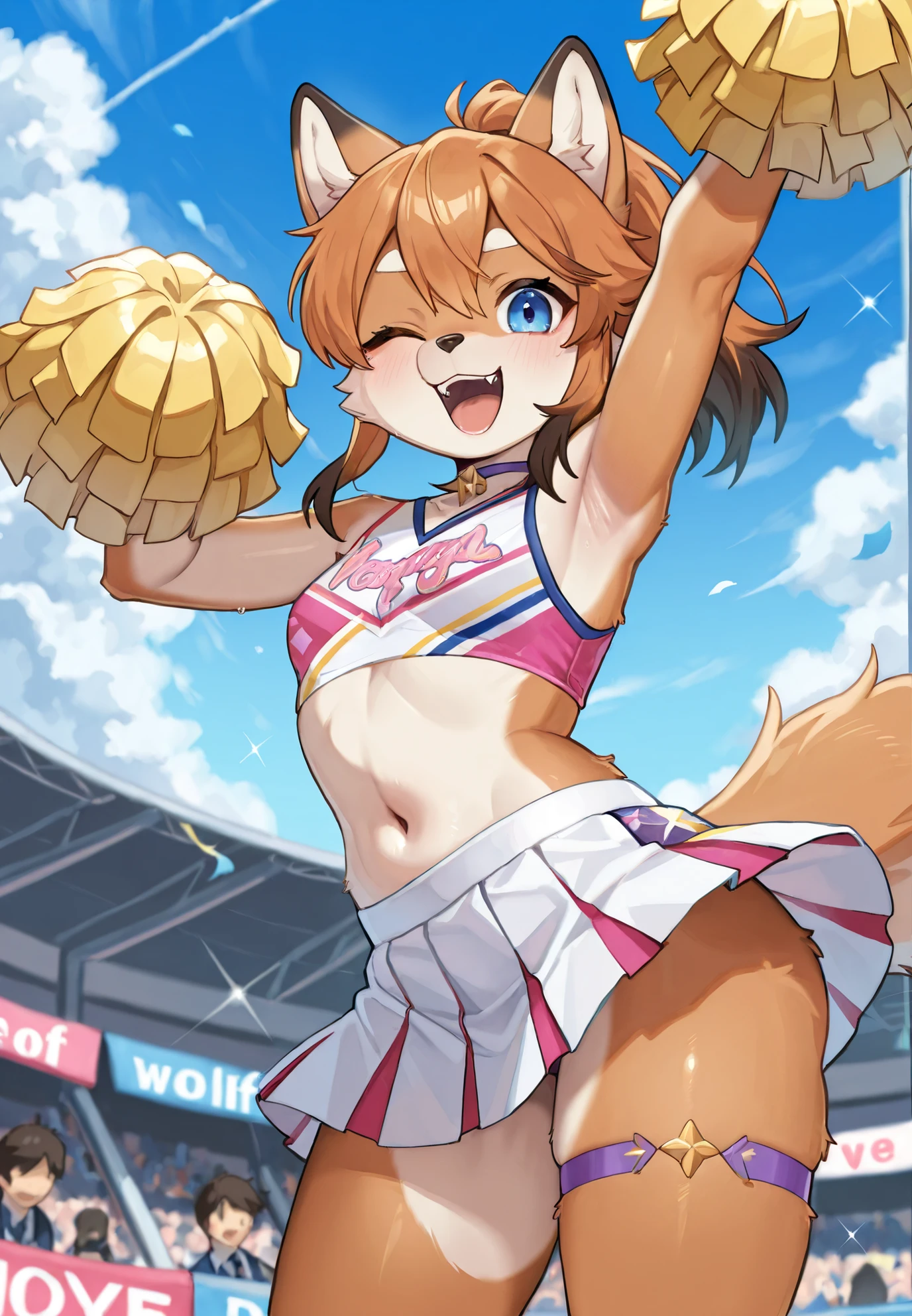 Wolf、furry、anthro、masterpiece、very detailed for professionals、High Accuracy Choice、high res、High Quality、4K、最High Quality、cute、beautiful、 beautiful 、solo、accurate human body structure、according to correct anatomy、womanhood、female、detailed down to the smallest detail、kemono、詳細なWolfの頭、正確なWolfの頭、Dancer's Clothes、Outdoors、Schoolyard、noon、detailed eyes、cheerleader clothes、 Posing 、Armpit、smiling、open your mouth、wink with your finger