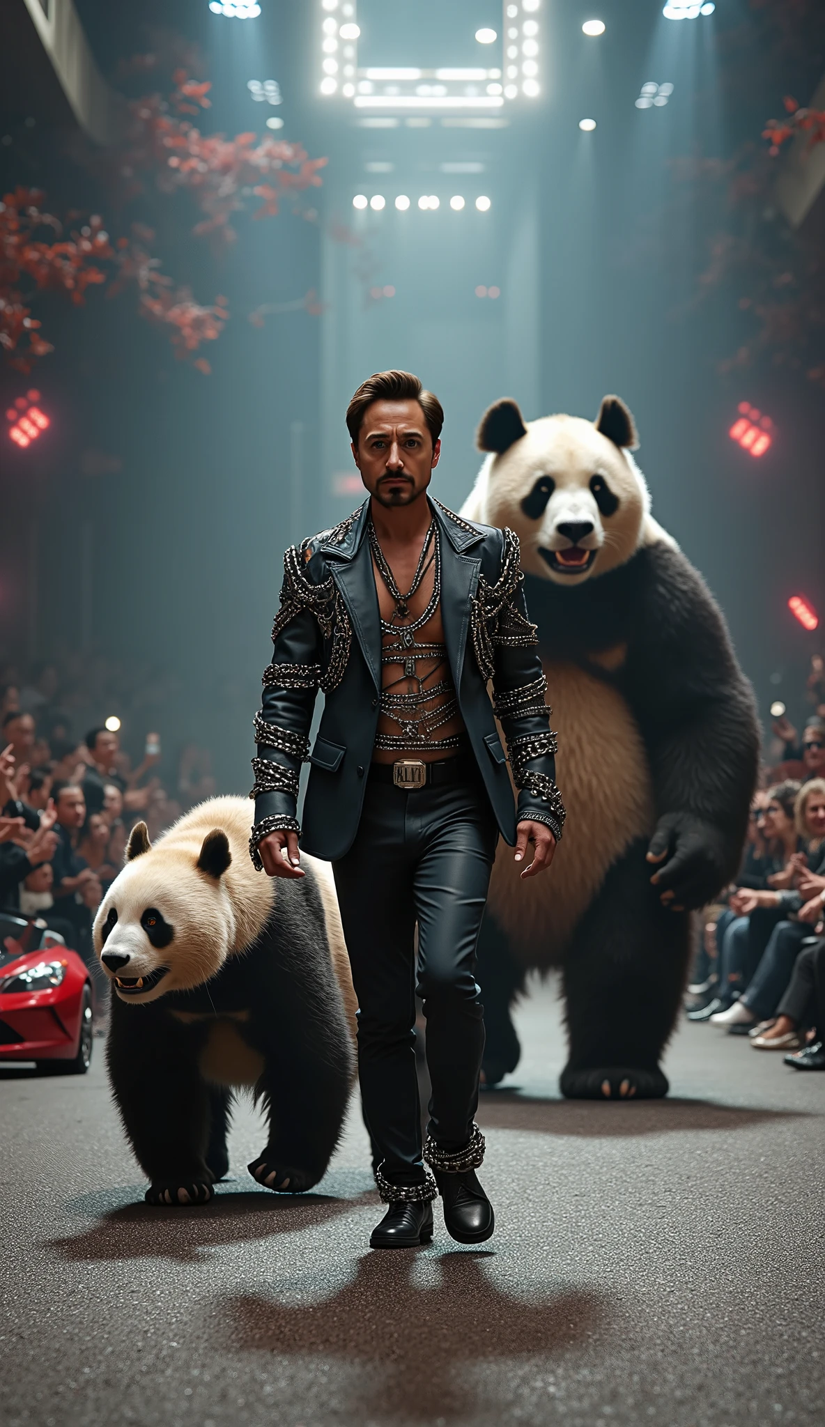 Robert Downey Jr. walking on a cinematic runway, hyper-realistic ultra-detailed, extremely high resolution, wearing a torn suit with heavy metallic chains wrapped around his arms and torso. Beside him, a huge ultra-realistic panda bear, muscular and fierce, with a ferocious face, walking in sync with him. Background shows a high-tech futuristic environment with glowing elements, red-leaved trees, a serene lake, audience standing and clapping, a red car parked in the distance, and a large LED screen displaying the name "ROBERT DOWNEY". Dramatic cinematic lighting with spotlights highlighting Robert and the panda, reflections on the floor and water, darker and epic atmosphere, cinematic fashion-show aesthetics, hyper-realism, ultra-detailed 64k resolution, legendary and imposing composition, maximum quality, photorealistic details on skin, hair, eyes, clothing textures, chains, and panda fur, ultra-detailed facial expressions, epic depth of field with Robert Downey Jr. and the panda as the central focus.
