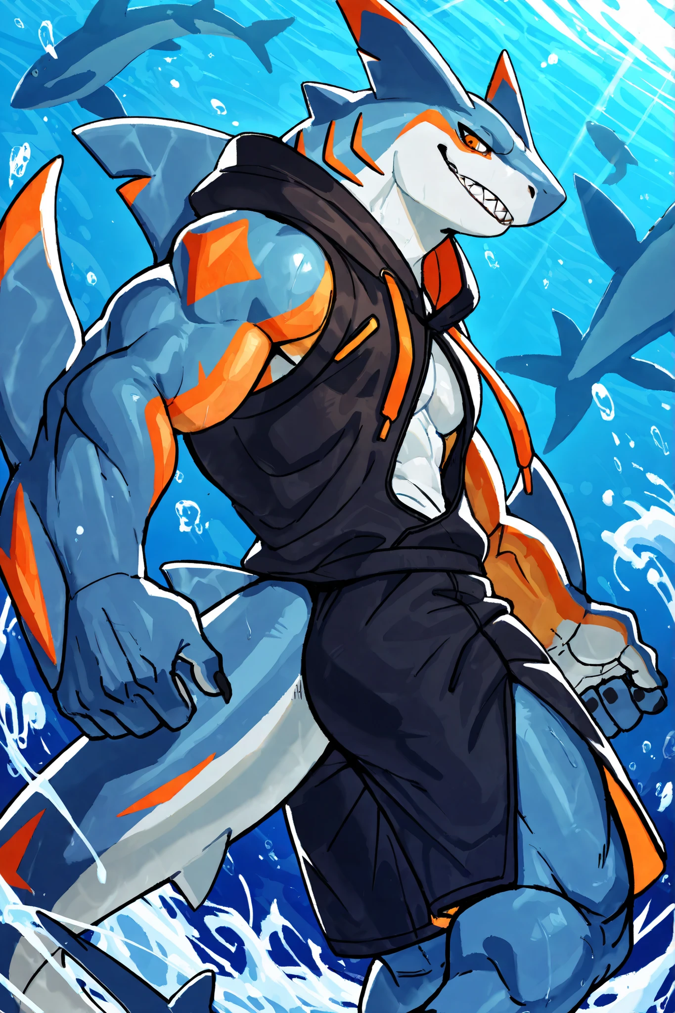 by 沃 vorusuarts2 , masterpiece , best quality , deep sea background , male , 1 man , anthro megalodon , blue koholasaurus , furry shark , Orange eyes , under eye Orange line , Orange makeup under the eyes , multicolored Orange skin , balanced slim , beefy , fins on arms , sleeveless hoodie , side slit pants , with a bright smile , a dynamic posture , dynamic camera view , looking at viewer , VorusuArts2 render , VorusuArts2 style ,