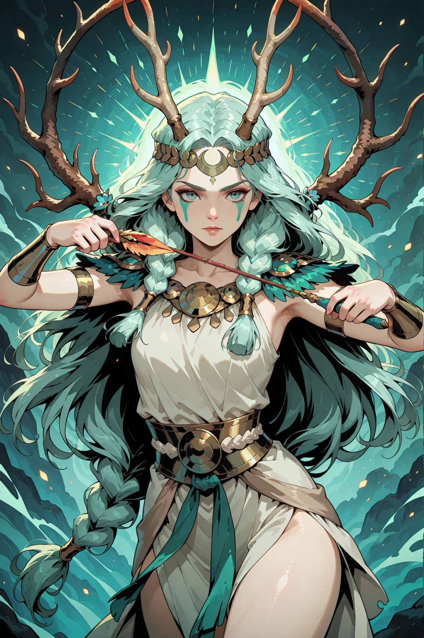1girl, Artemis from Hades, young goddess, fair skin, slender, green braided hair, green face paint, wearing furs, antler headband, aiming her bow, alone, in full view in a highly detailed watercolor art style