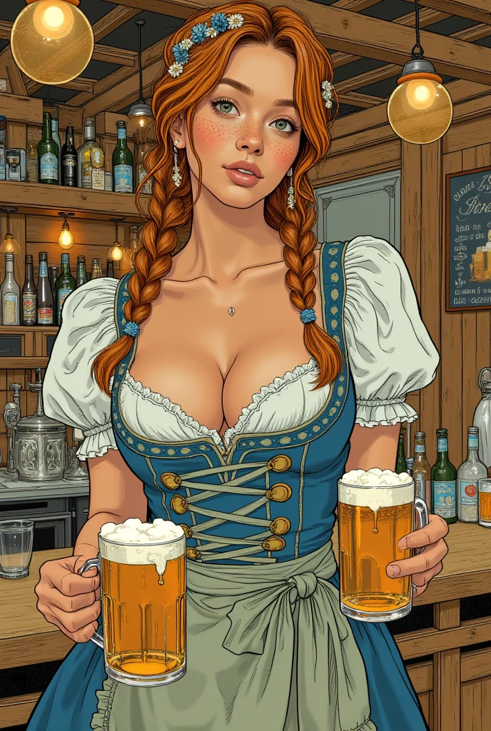 (masterpiece, top quality, best quality, official art, beautiful and aesthetic:1.2), (1girl:1.3), auburn hair in big curls, extremely detailed, portrait, looking at viewer, solo, (full body:0.6), detailed background, close up, (warm summer tavern theme:1.1), freckles, extremely busty tavern maid, bard, charlatan, smirk, mysterious, working in tavern, revealing bard attire, dirndl dress, dirndl, corset, straps, long boots, mugs of beer, ((((gigantic breasts, cleavage, skindentation)))), slim waist, slim hips, long legs, medieval (tavern interior:1.1) background, dark mysterious lighting, shadows, magical atmosphere, dutch angle