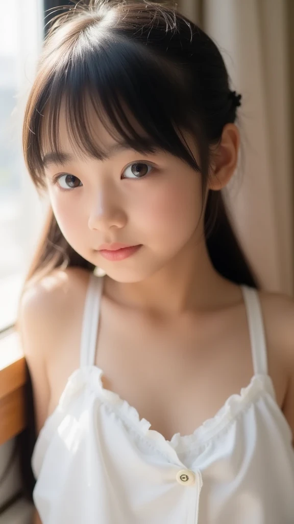 ((Highest quality)), ((Photo quality)), (detailed), Perfect Face，12 years old,Upper Body，Thin arms,White skin,bed,Pink camisole